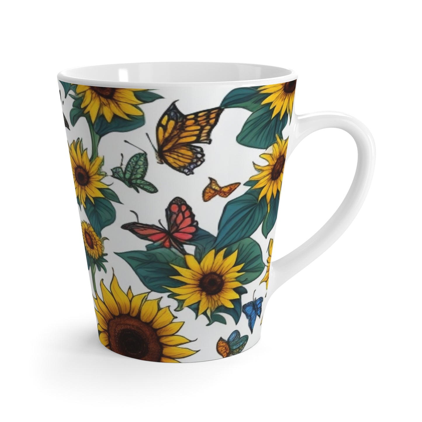 Latte mug with stunning sunflowers and butterfly motifs