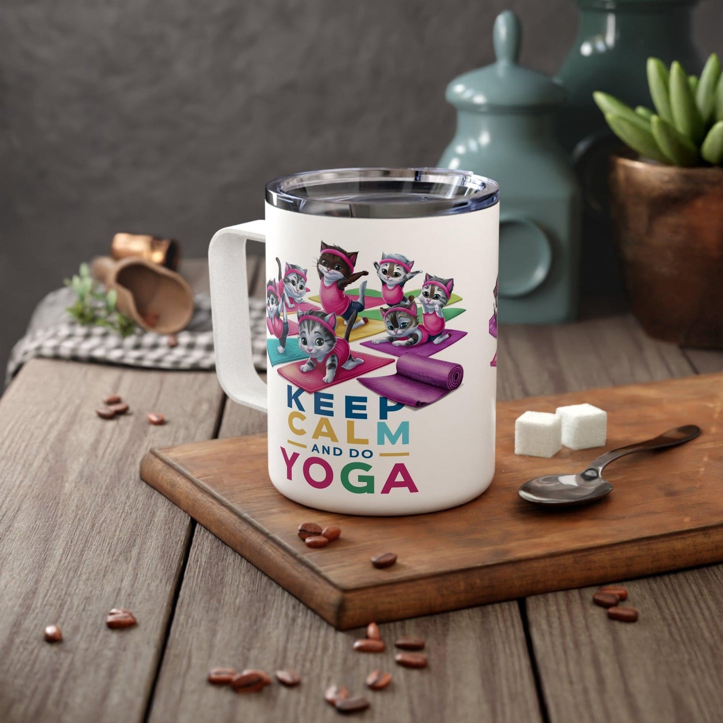 Taza aislada para yoga (10 oz) | Para Café o tu bebida favorita | "Colección Yoga Serenidad" | lindos gatitos