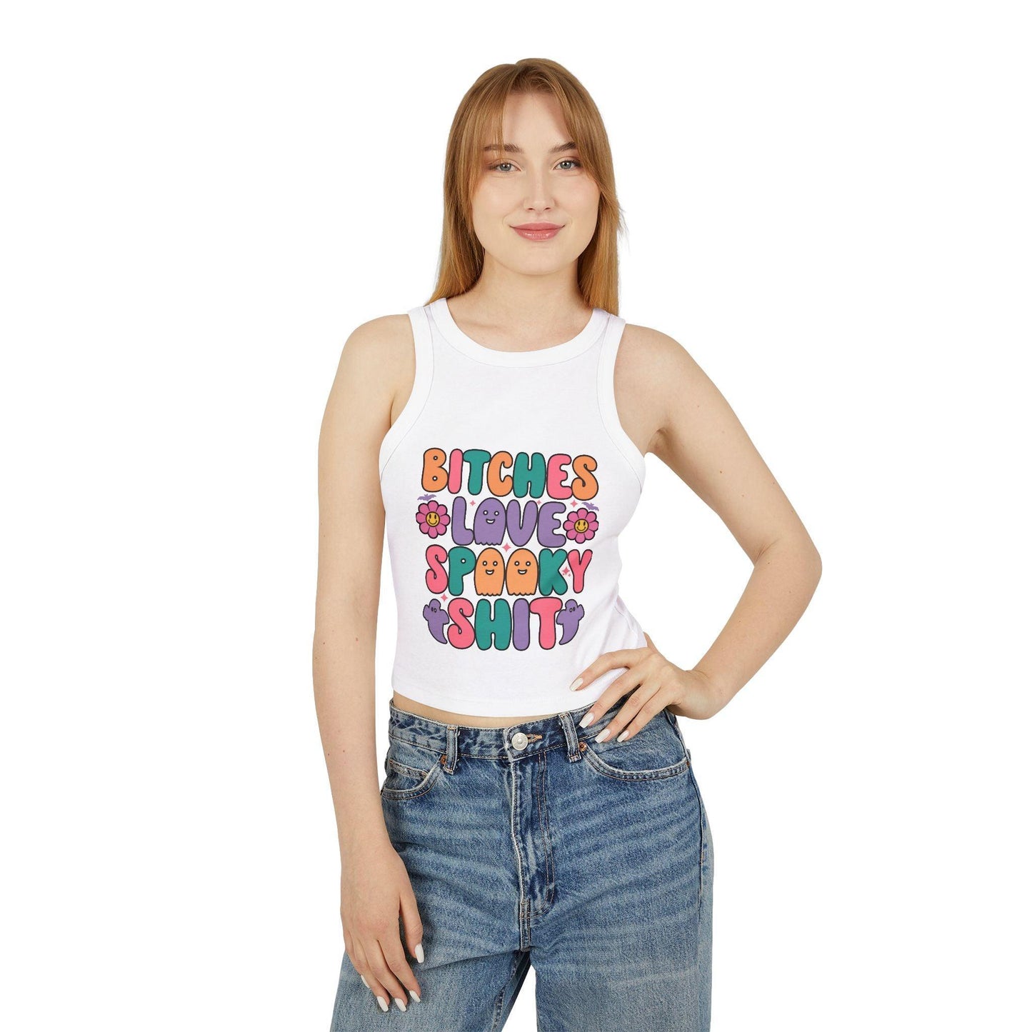 Women's Halloween Micro Rib Racer Tank Top - "Bitches Love Spooky Shit"
