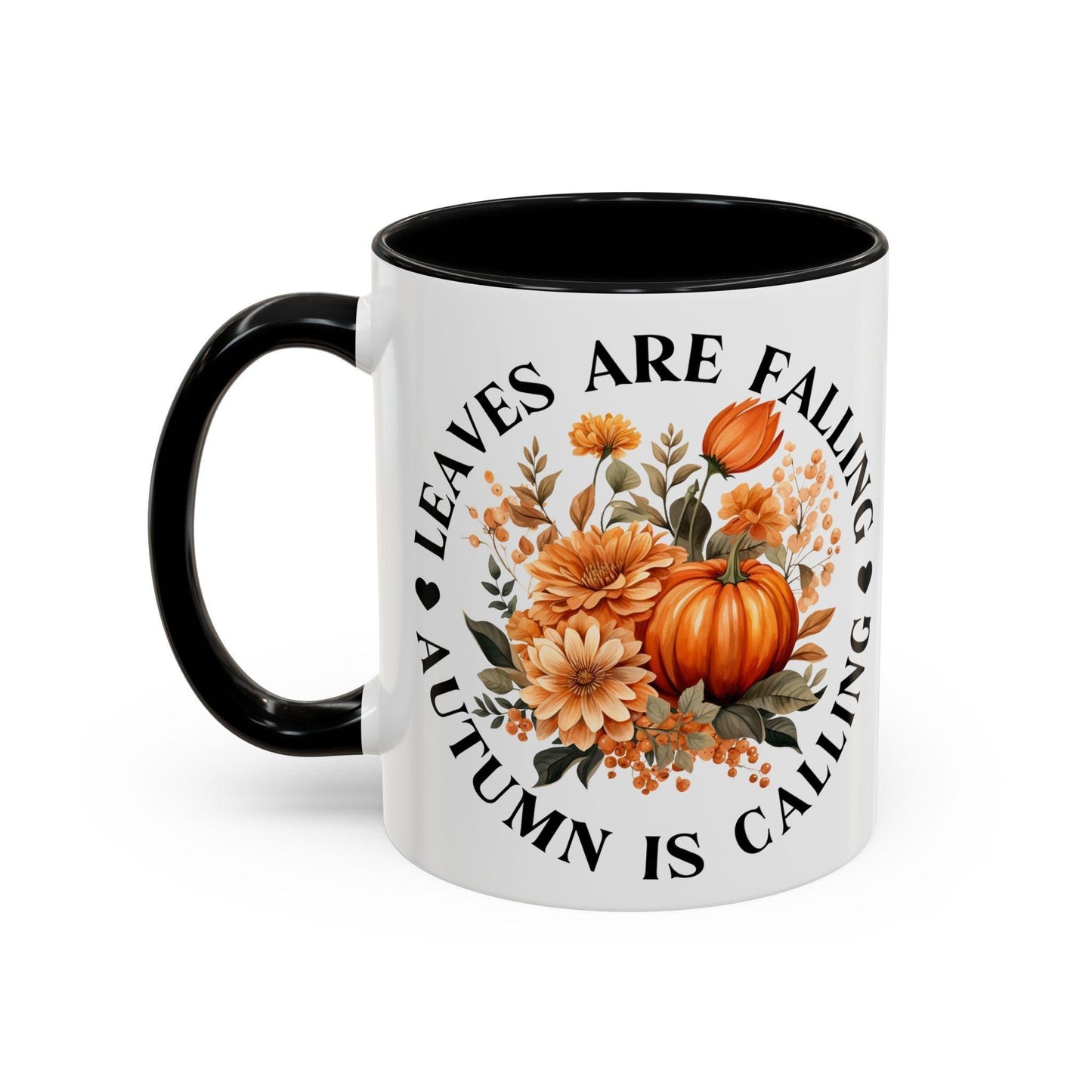 Taza de café con acento otoñal (11, 15 oz) con un delicado diseño otoñal y el texto "Las hojas están cayendo, el otoño está llamando".