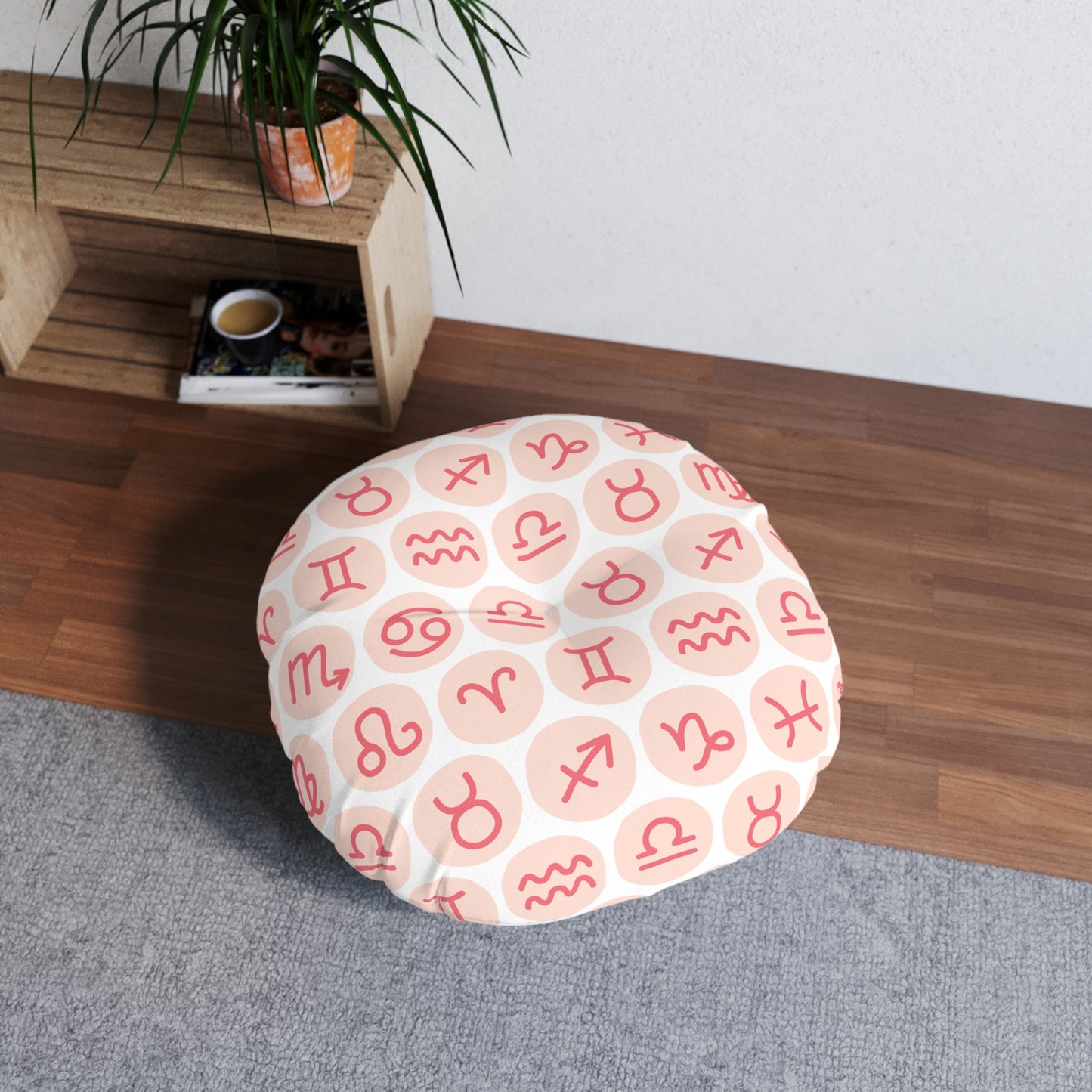 Tufted Floor Round Pillow with Astrology Symbols Design