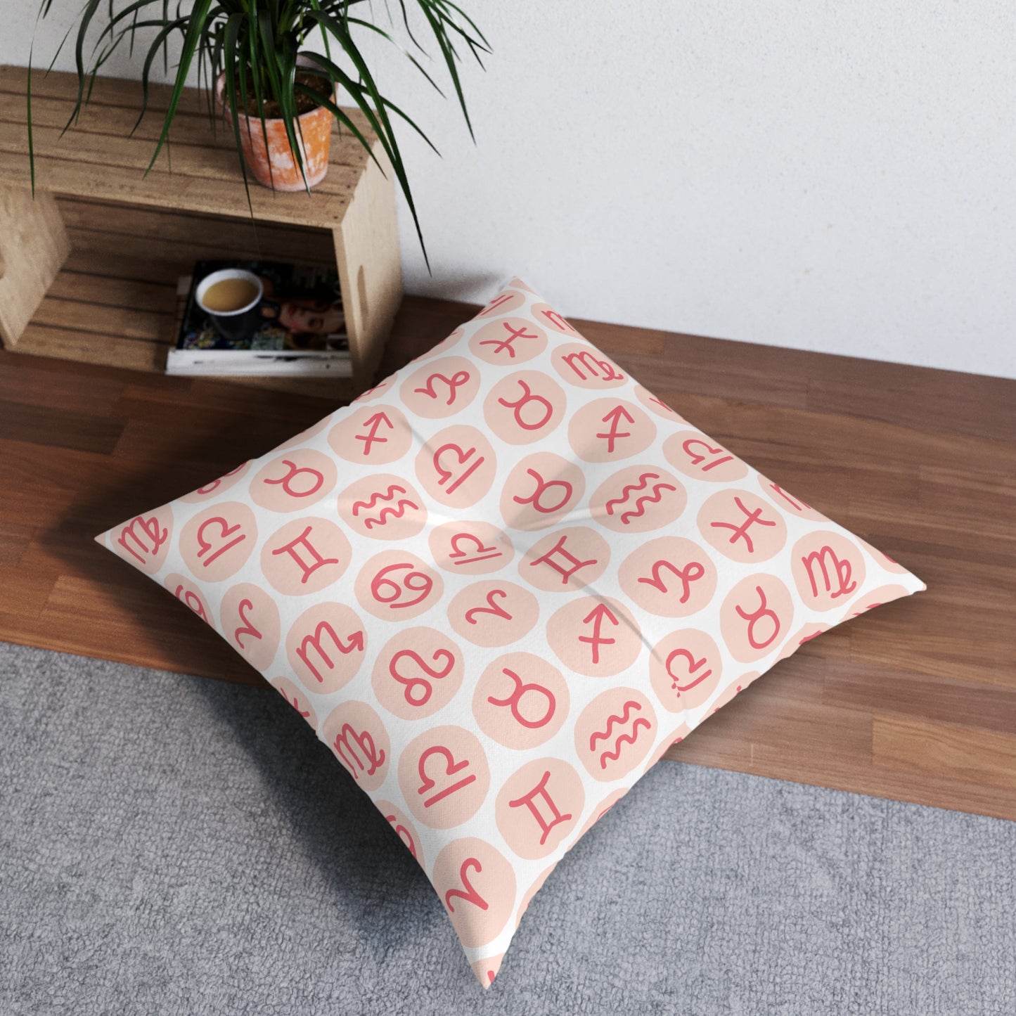 Tufted Floor Pillow, Square with Astrology Symbols Design