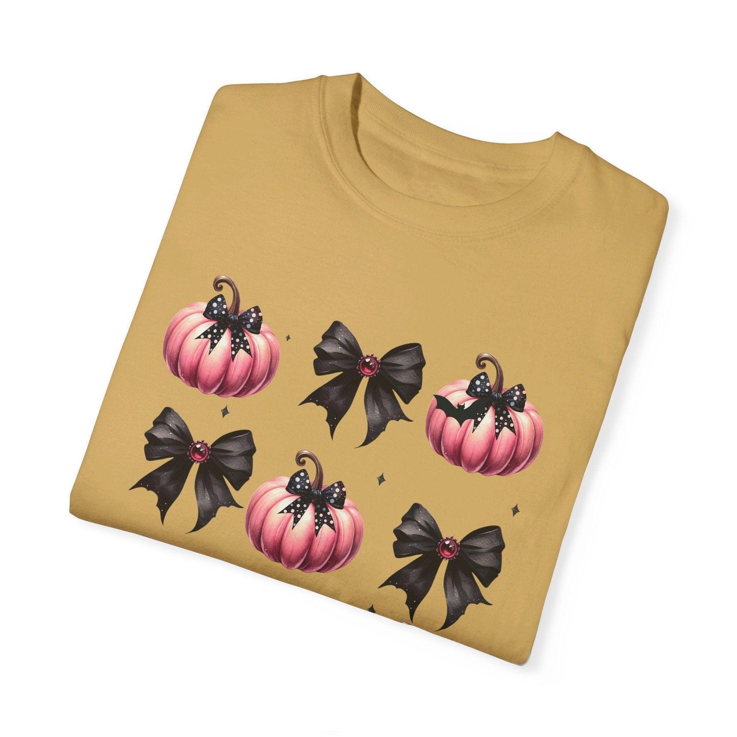 Coquette Halloween T-Shirt with Pink Pumpkins - Cosmic Creations by Karen