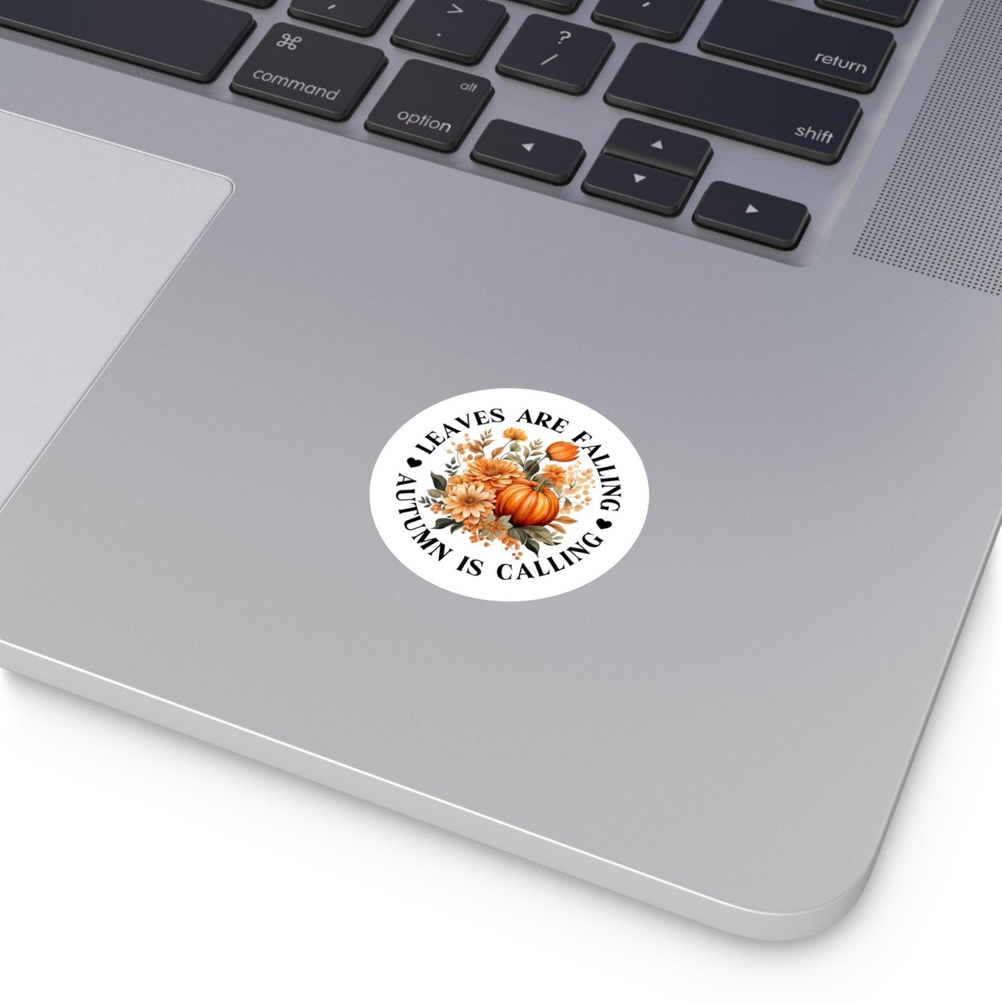 Delicate Autumn Design Round Sticker with the text "Leaves are Falling, Autumn is Calling."