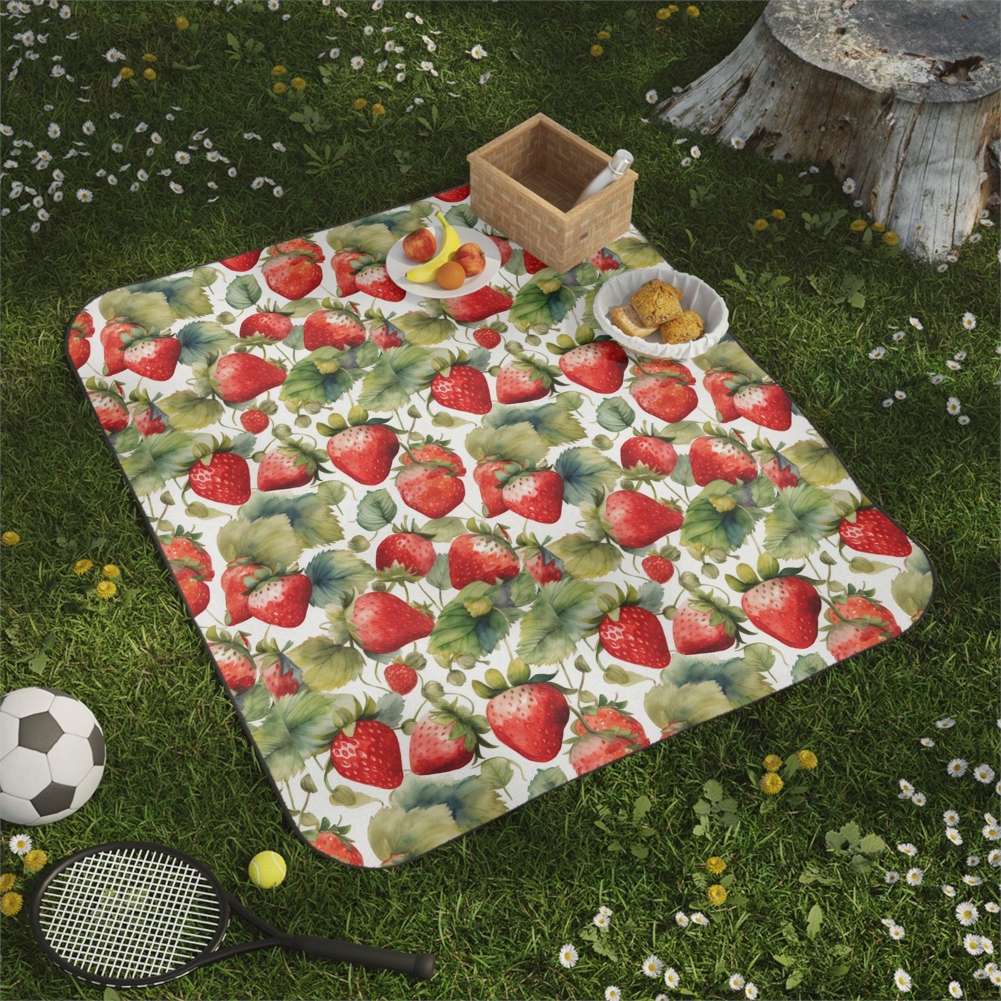 Picnic Blanket, Outdoor Blanket, Water Resistant Blanket, Stadium Blanket, Camping Blanket, Carry Strap Blanket, Strawberries Design - Cosmic Creations by Karen