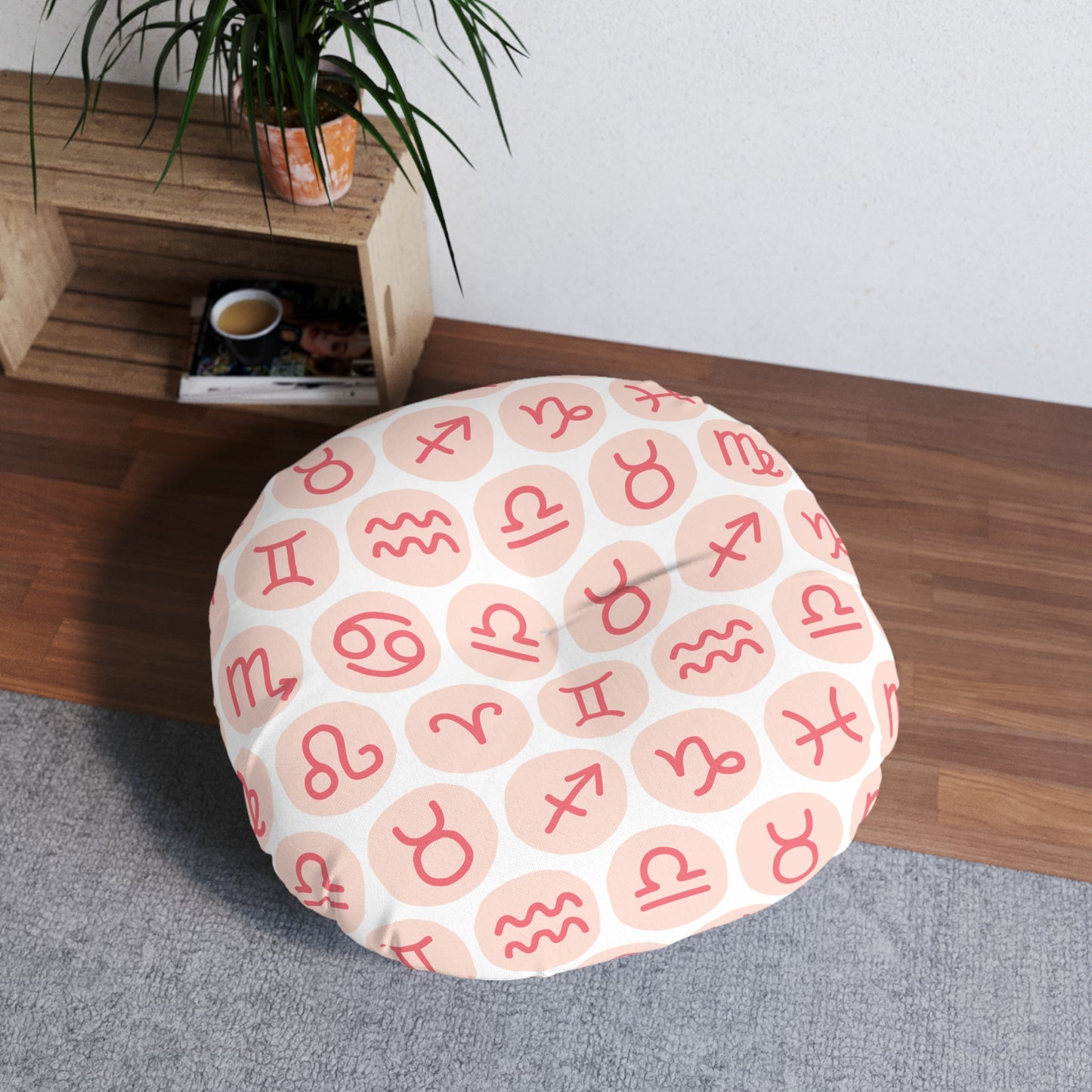 Tufted Floor Round Pillow with Astrology Symbols Design