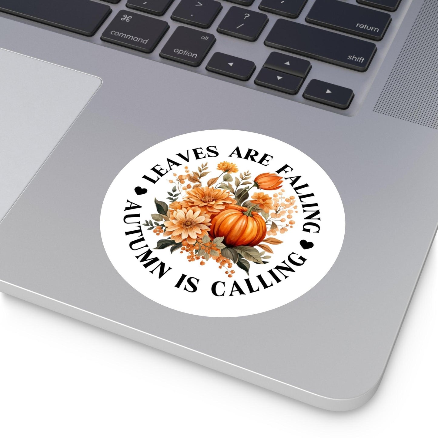 Delicate Autumn Design Round Sticker with the text "Leaves are Falling, Autumn is Calling."