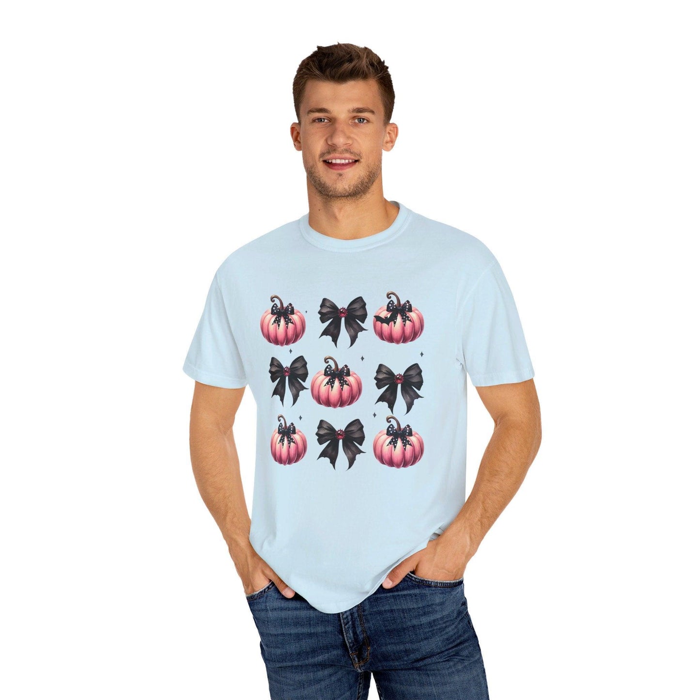 Coquette Halloween T-Shirt with Pink Pumpkins - Cosmic Creations by Karen