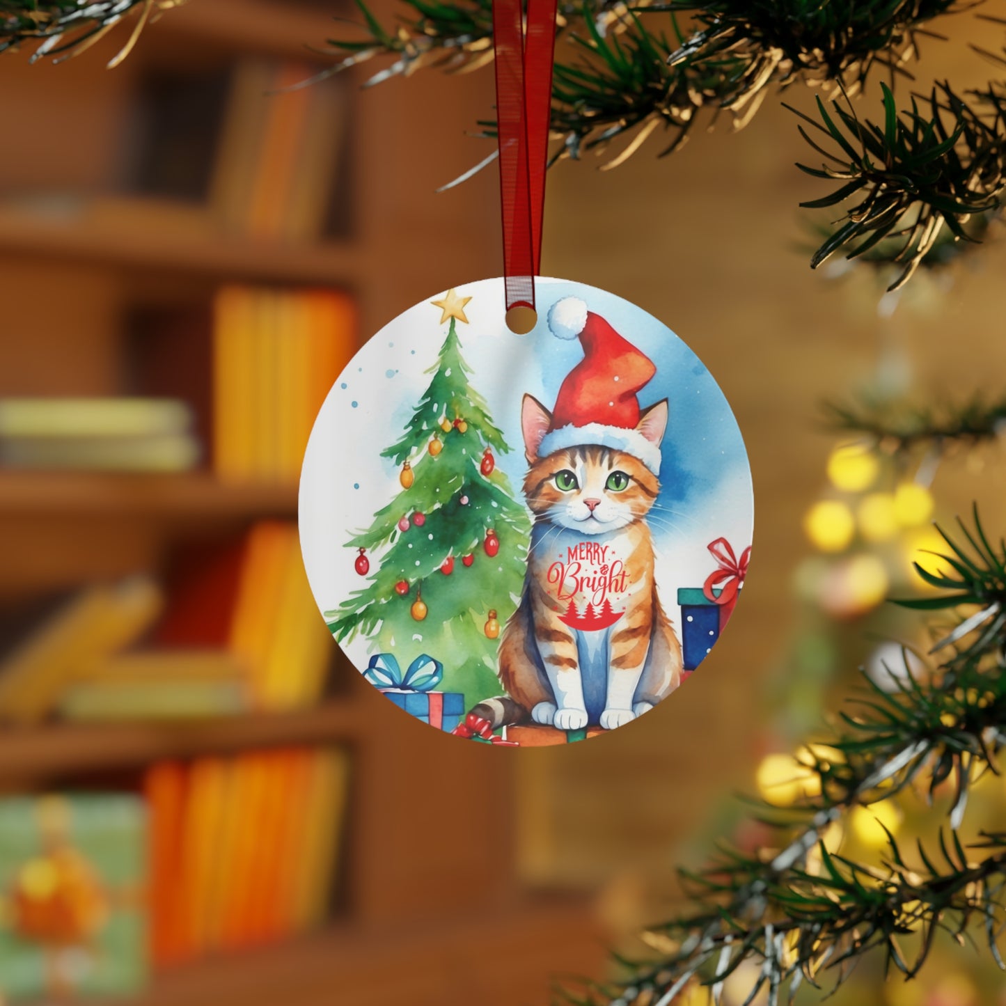 Christmas  Customizable Round Metal Ornament for Cat Lovers