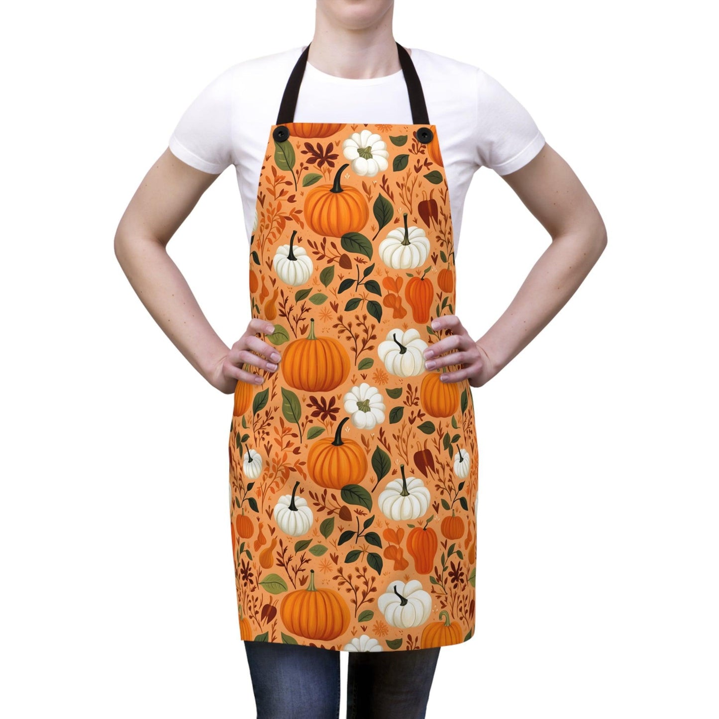 Orange Autumn Apron with Pumpkins and Leaves - Cosmic Creations by Karen