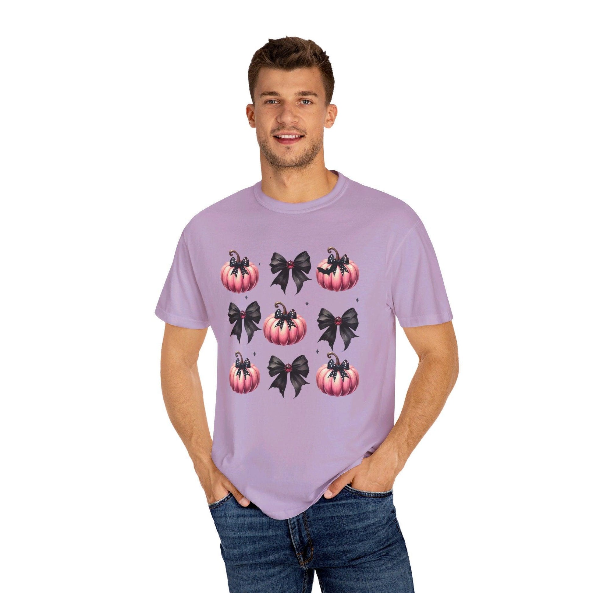 Coquette Halloween T-Shirt with Pink Pumpkins - Cosmic Creations by Karen