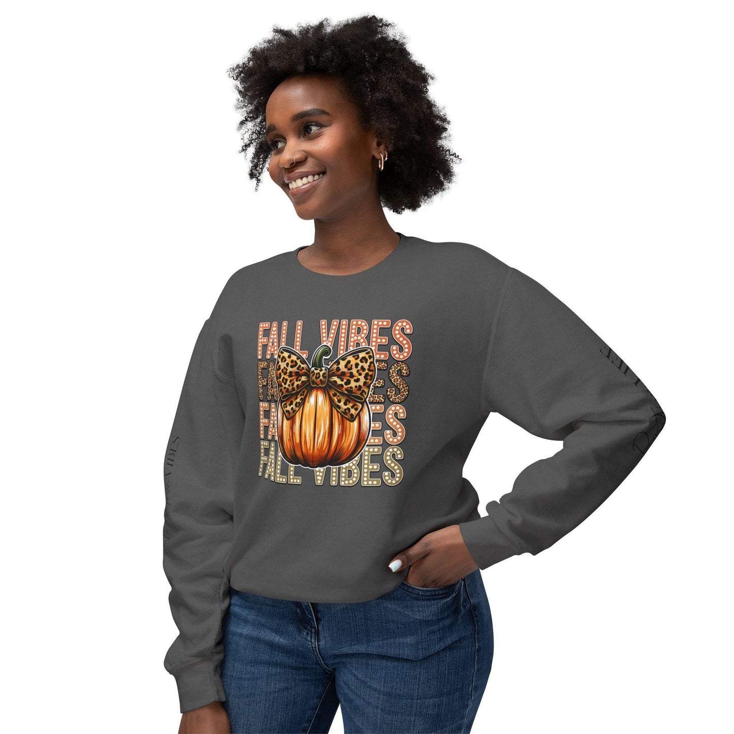 Fall Vibes Coquette Crewneck Sweatshirt  with an amazing design and the text " Positives Vibes " in both sleeves