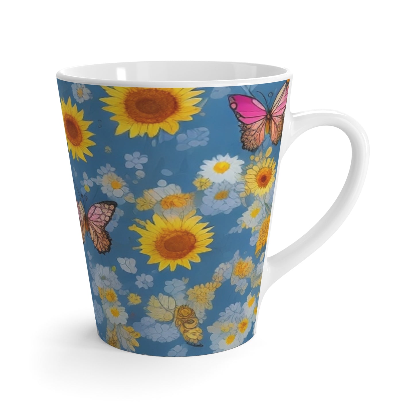 Latte mugs with stunning sunflowers and butterfly motifs