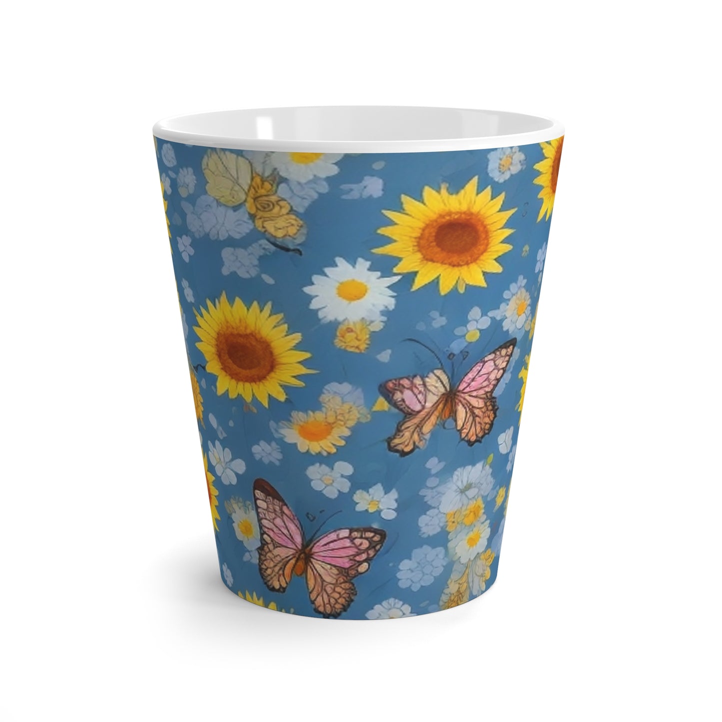 Latte mugs with stunning sunflowers and butterfly motifs