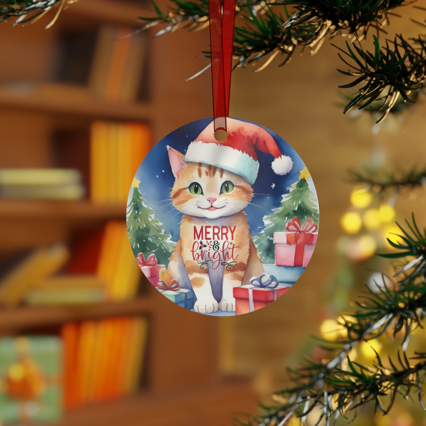 Christmas  Customizable Round Metal Ornament for Cat Lovers