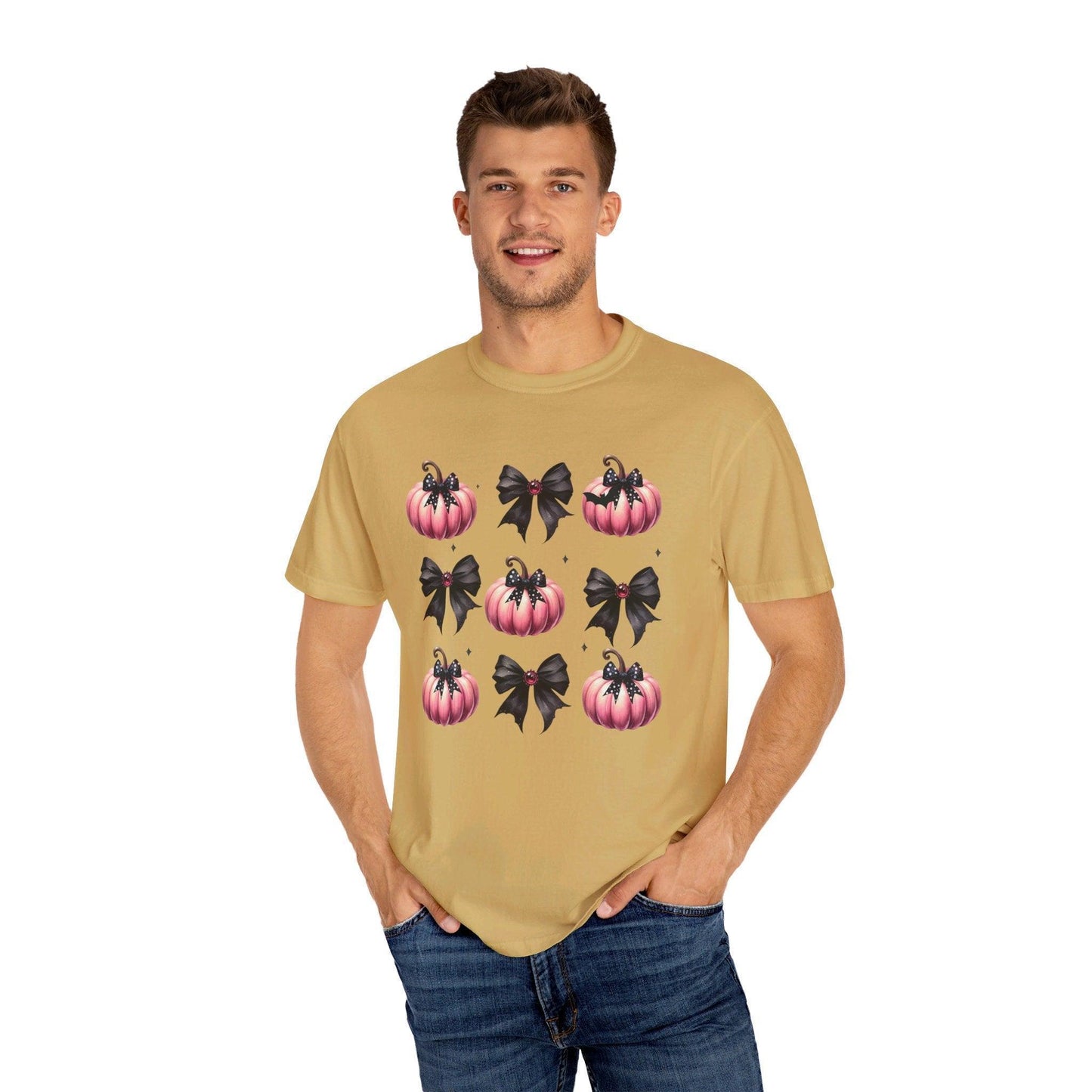 Coquette Halloween T-Shirt with Pink Pumpkins - Cosmic Creations by Karen