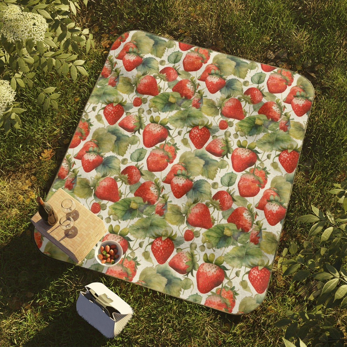 Picnic Blanket, Outdoor Blanket, Water Resistant Blanket, Stadium Blanket, Camping Blanket, Carry Strap Blanket, Strawberries Design - Cosmic Creations by Karen