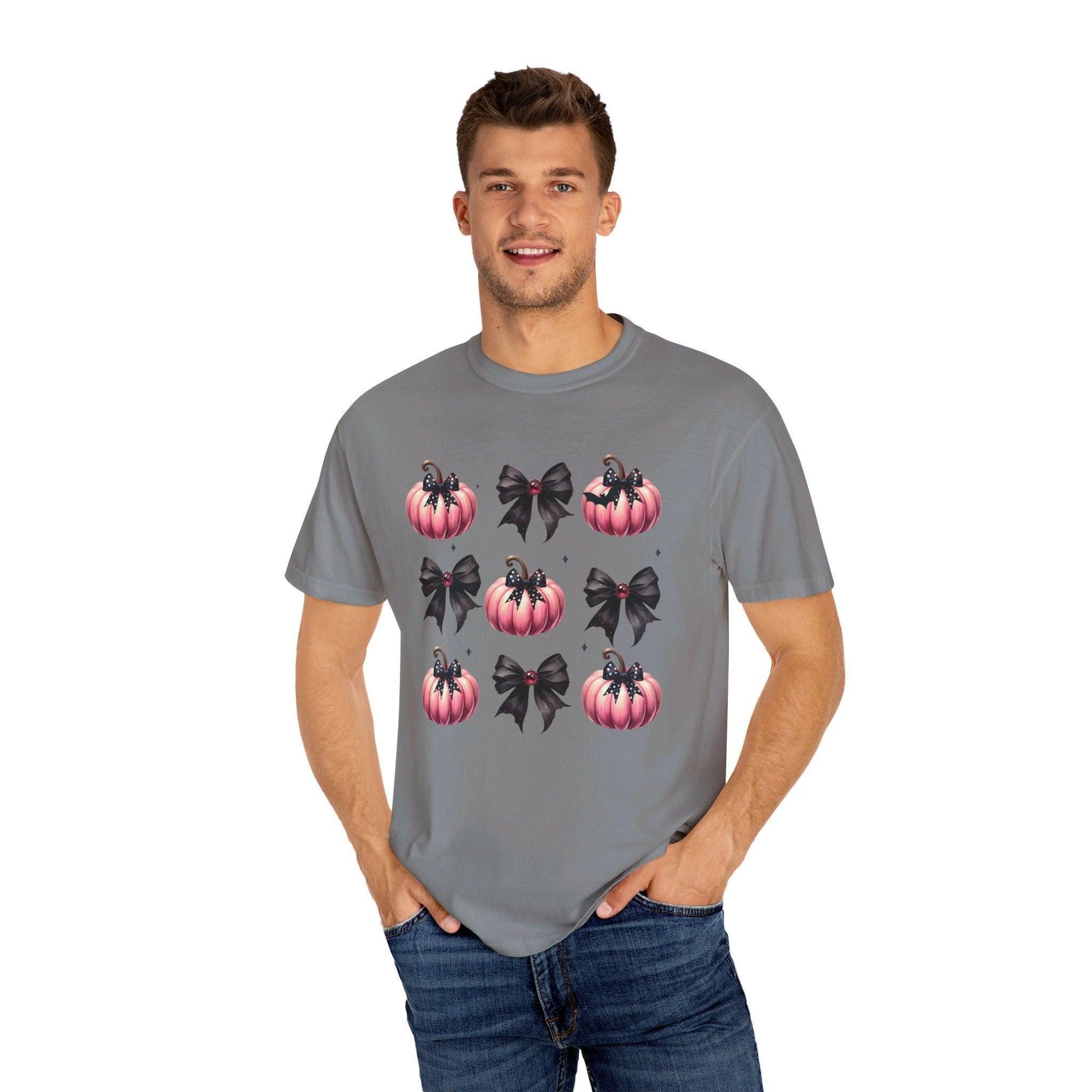 Coquette Halloween T-Shirt with Pink Pumpkins - Cosmic Creations by Karen