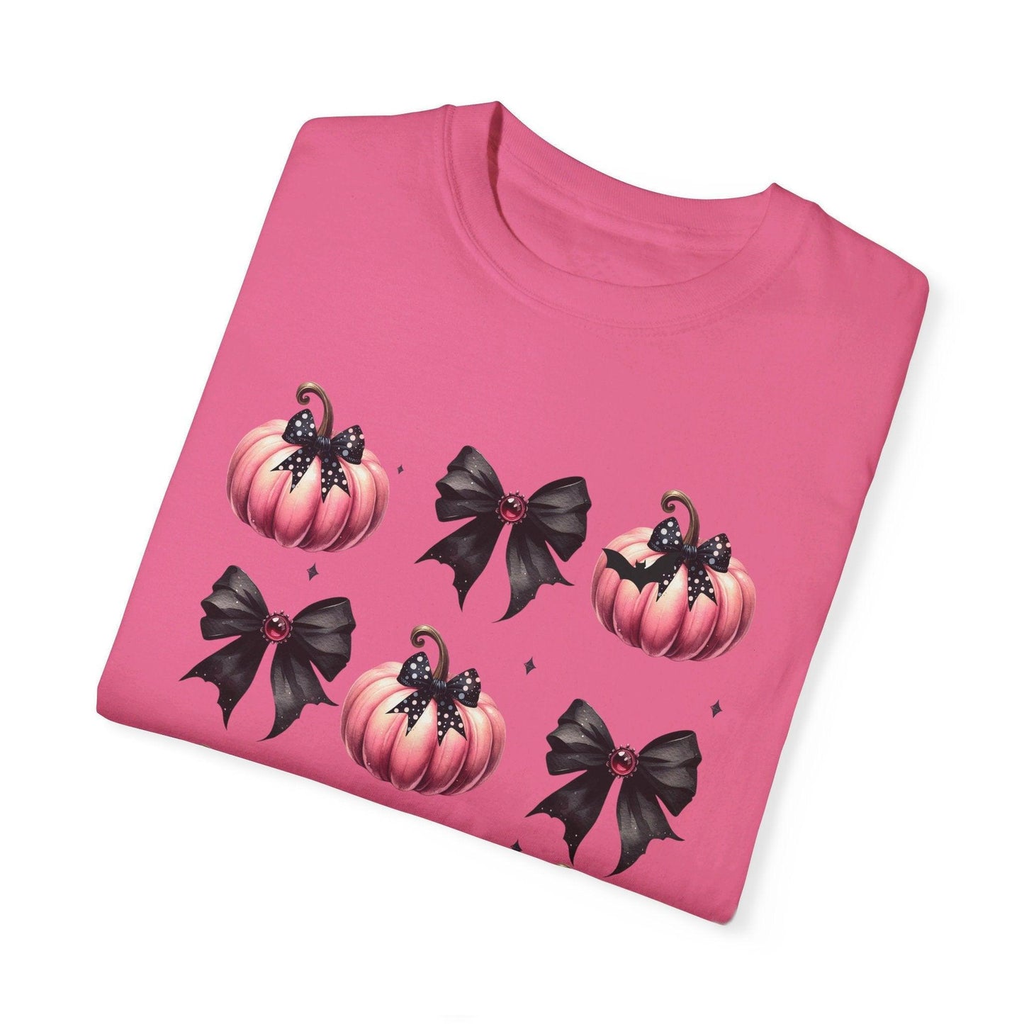 Coquette Halloween T-Shirt with Pink Pumpkins - Cosmic Creations by Karen