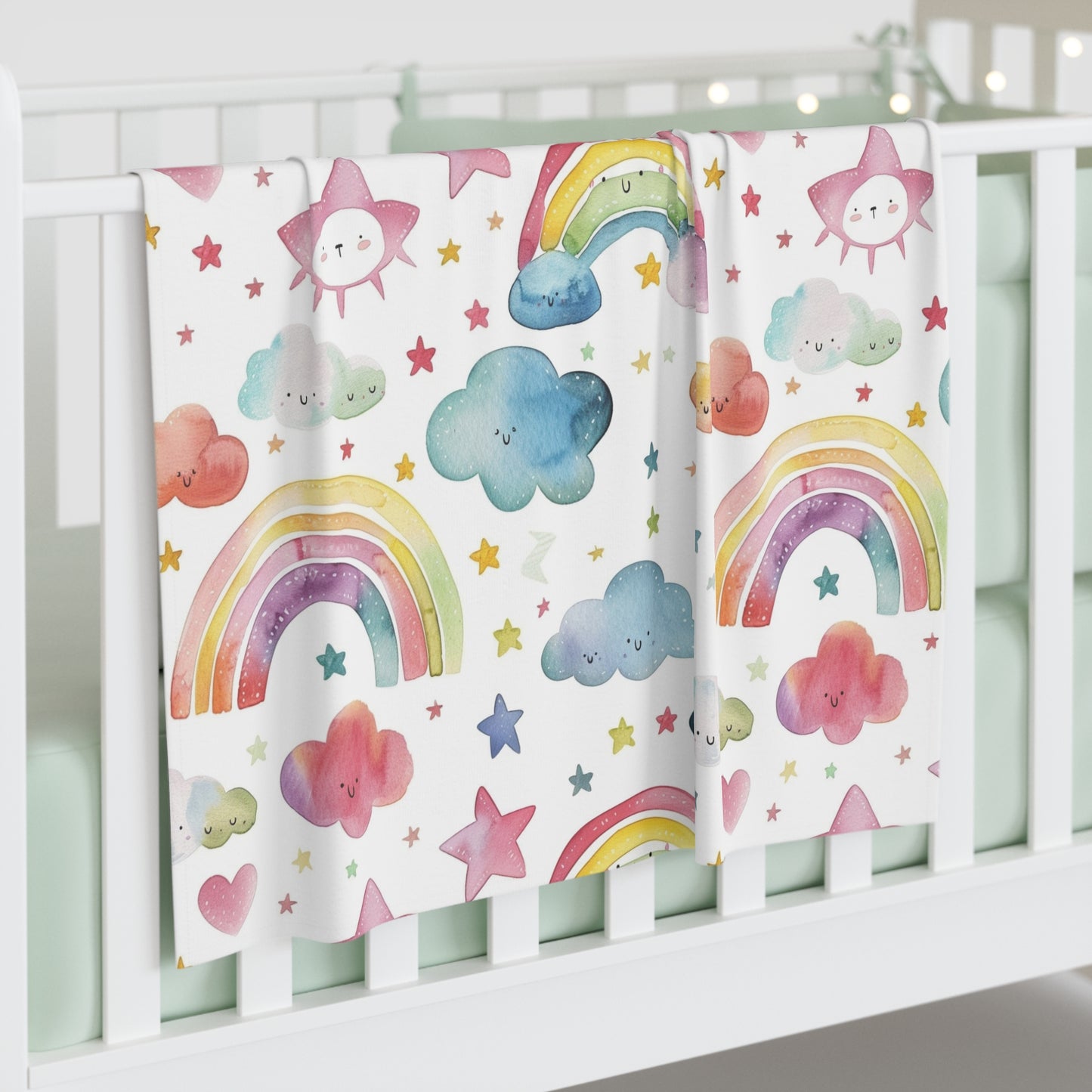 Cozy Baby Swaddle Blanket with rainbow and clouds design | Nursery Essential