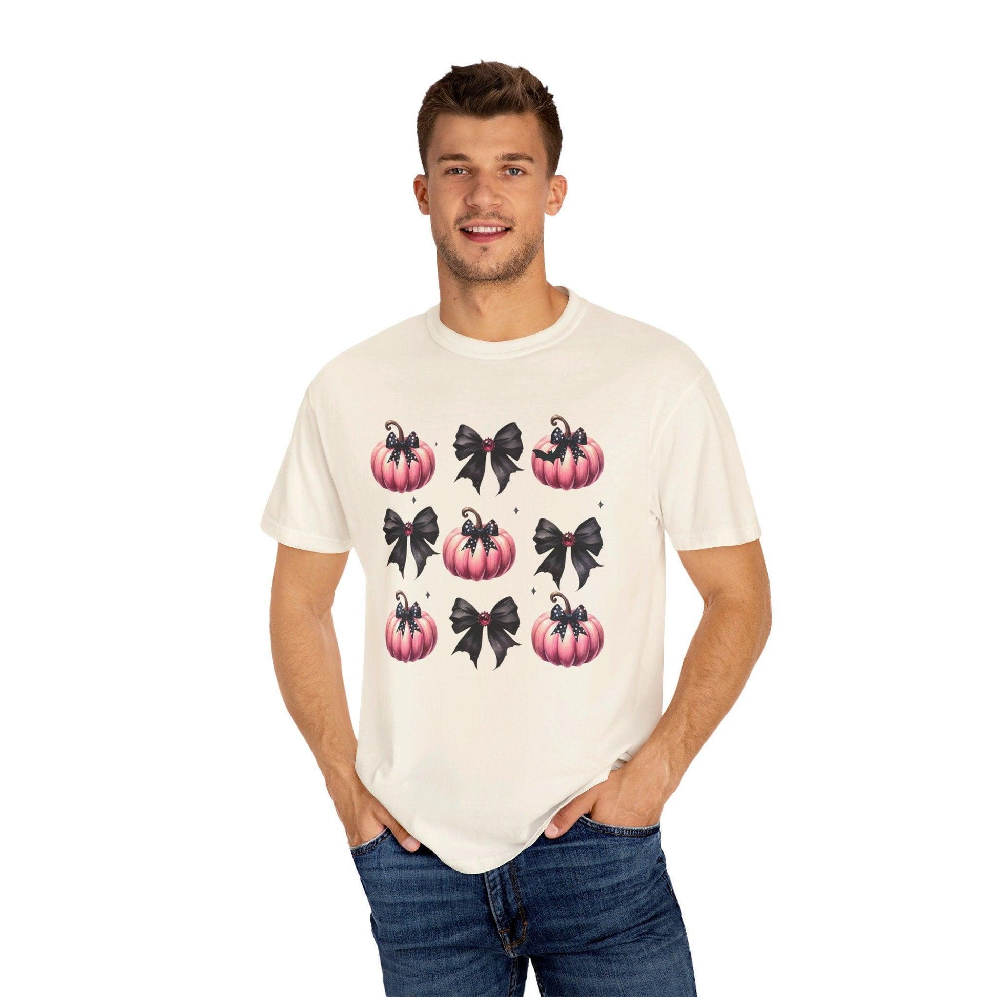 Coquette Halloween T-Shirt with Pink Pumpkins - Cosmic Creations by Karen