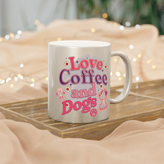 Metallic Love, coffee and dogs Mug (Silver) | Ideal for hot beverages and great gift for dog lovers - Cosmic Creations by Karen