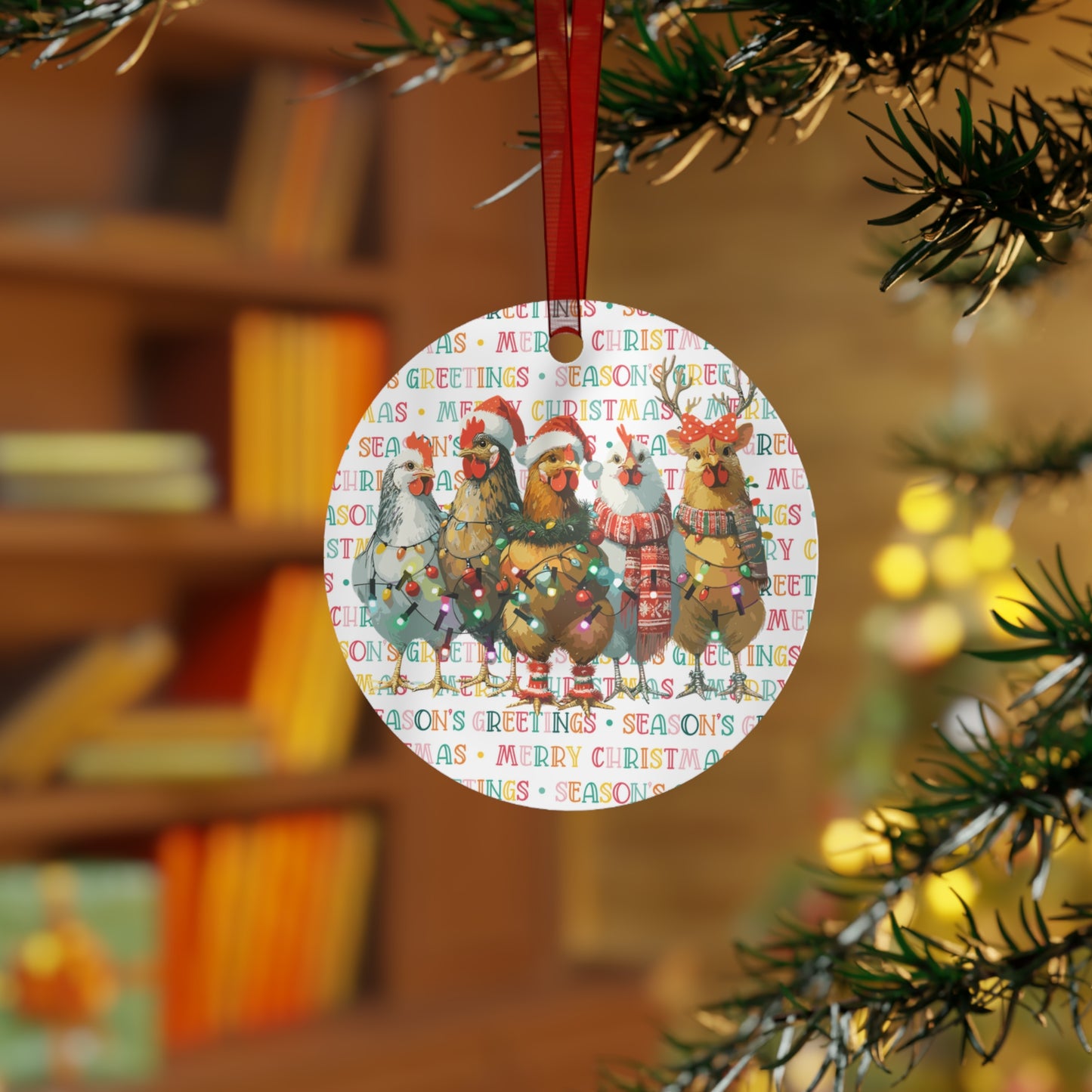 Christmas  Chickens Customizable Round Metal Ornament