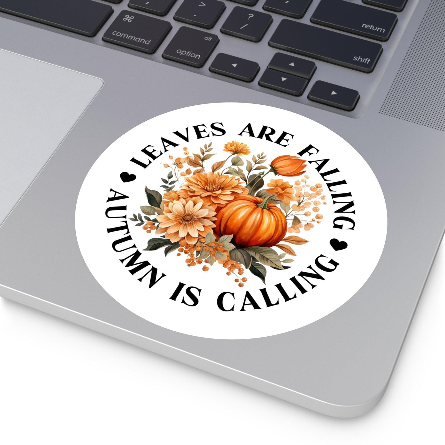 Delicate Autumn Design Round Sticker with the text "Leaves are Falling, Autumn is Calling."