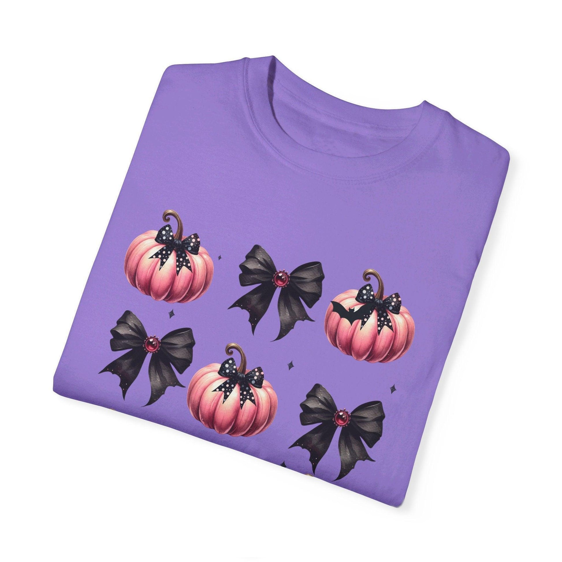 Coquette Halloween T-Shirt with Pink Pumpkins - Cosmic Creations by Karen