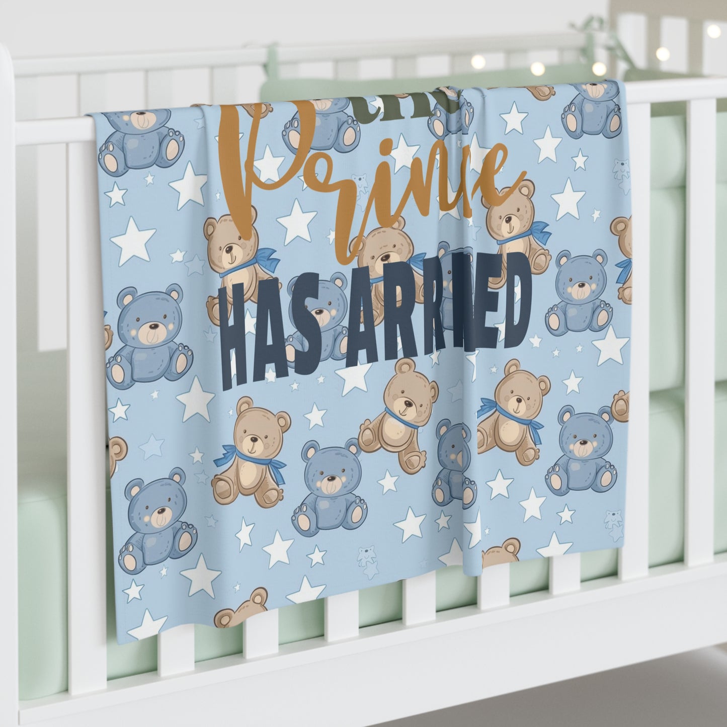 Cozy Baby Swaddle Customizable  Blanket with a baby boy design and the text " The prince has arrived"