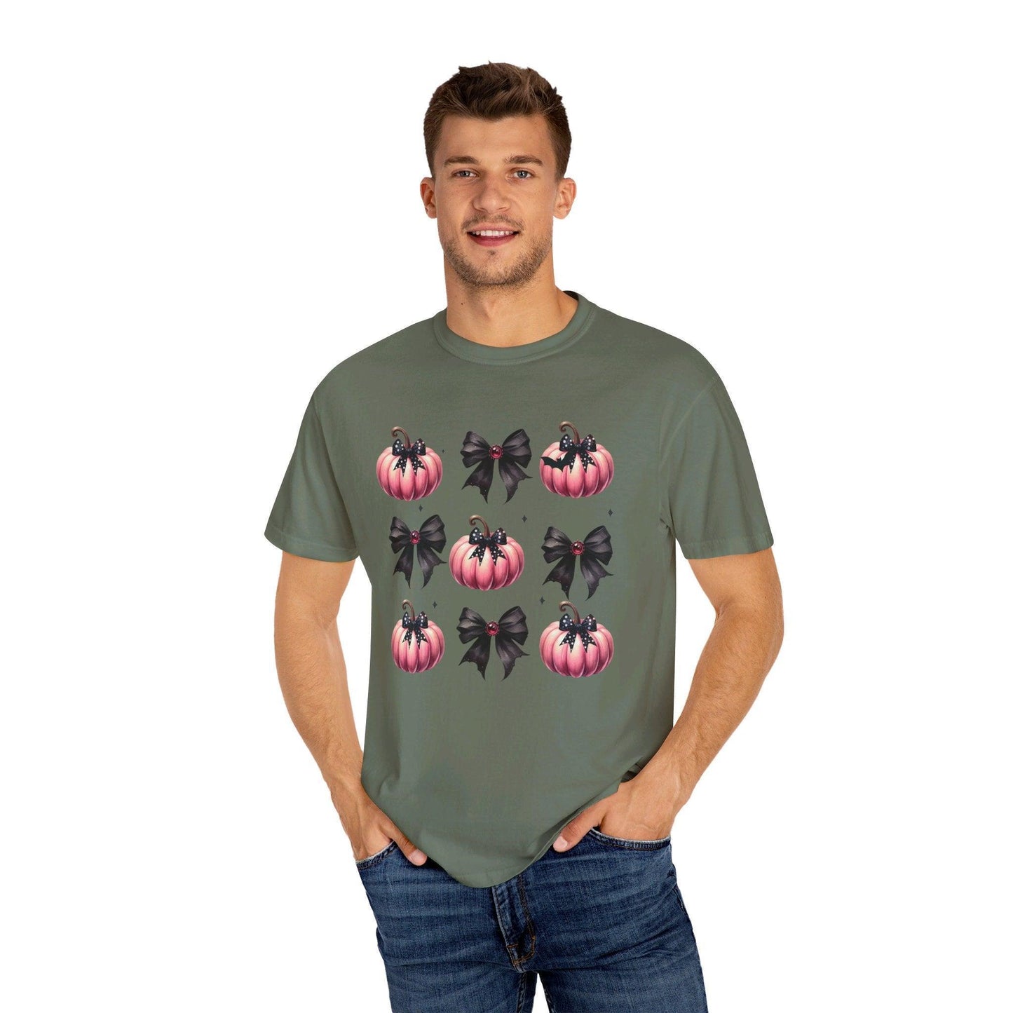 Coquette Halloween T-Shirt with Pink Pumpkins - Cosmic Creations by Karen