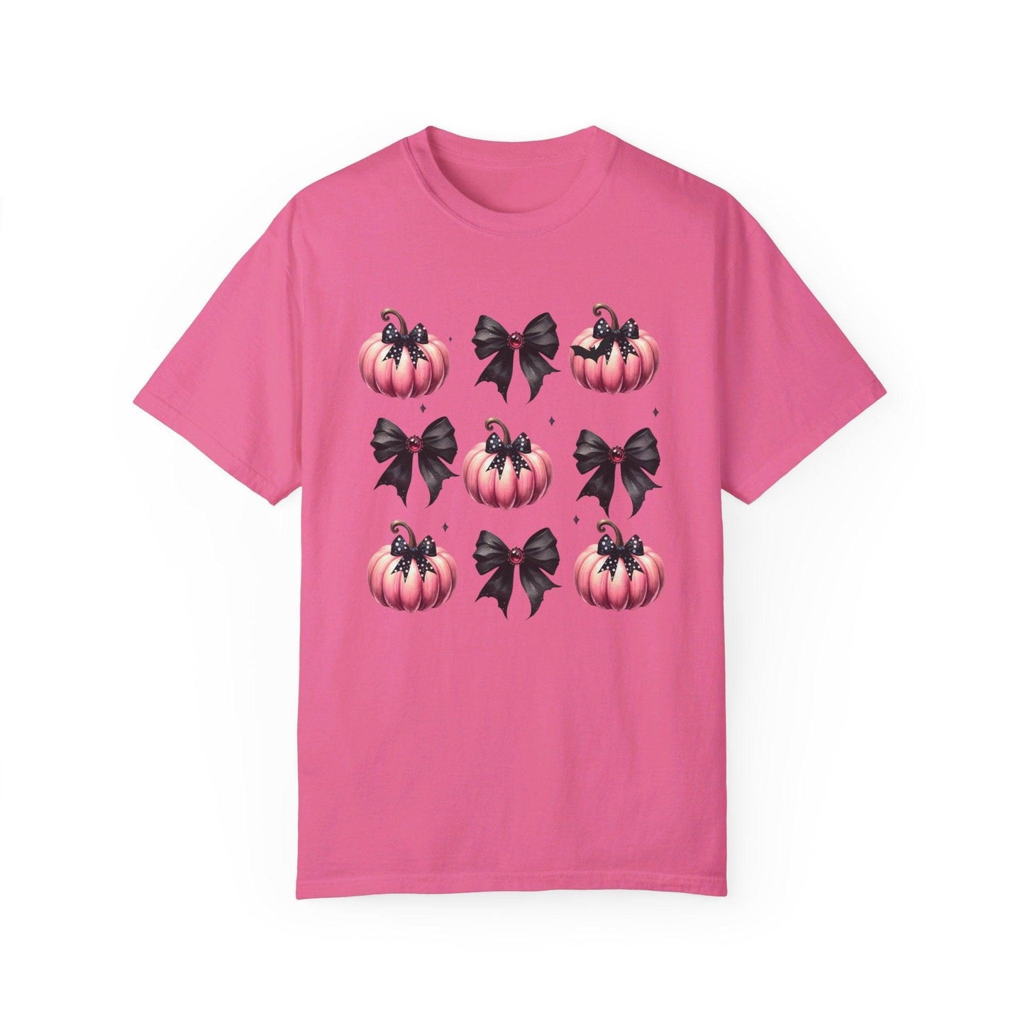 Coquette Halloween T-Shirt with Pink Pumpkins - Cosmic Creations by Karen