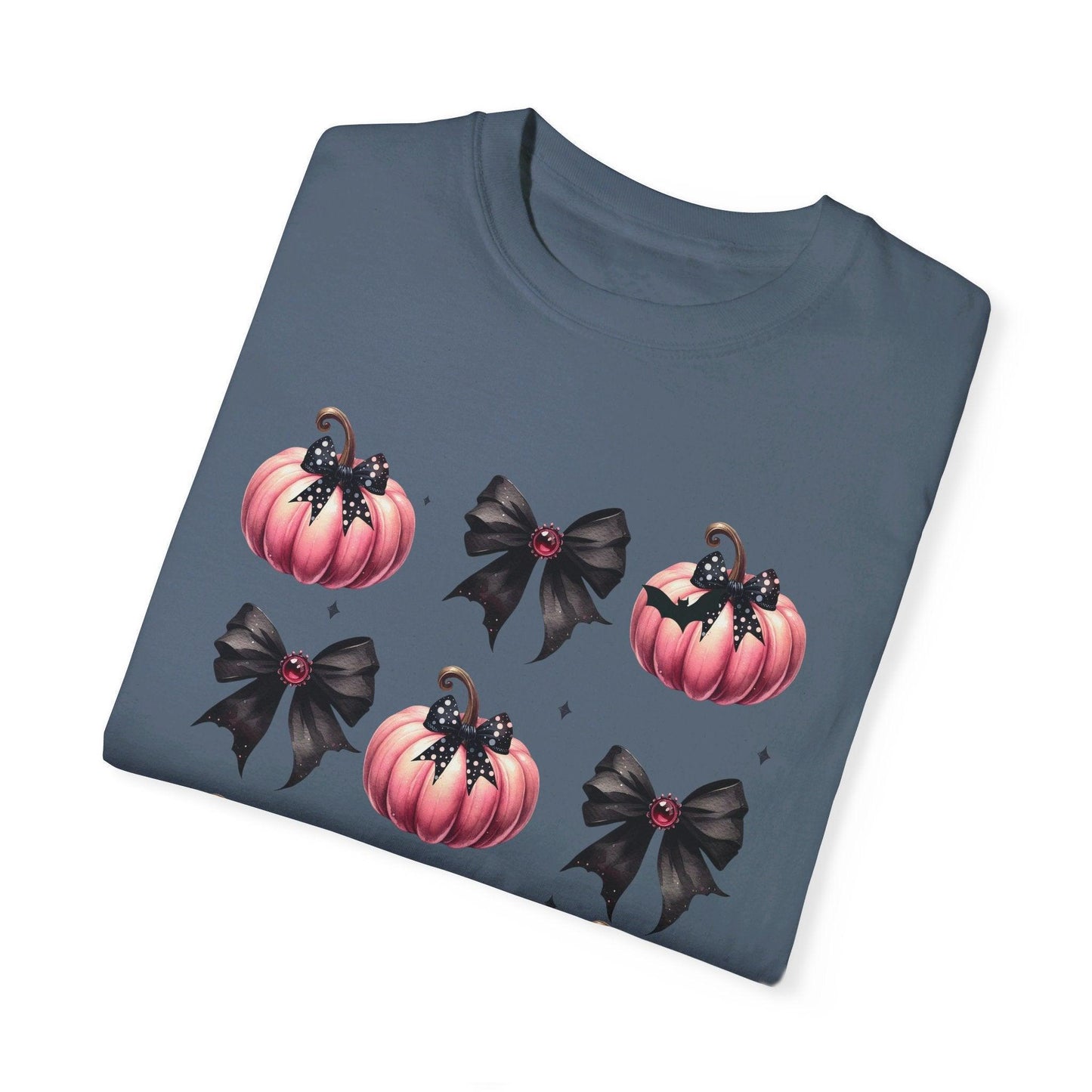 Coquette Halloween T-Shirt with Pink Pumpkins - Cosmic Creations by Karen