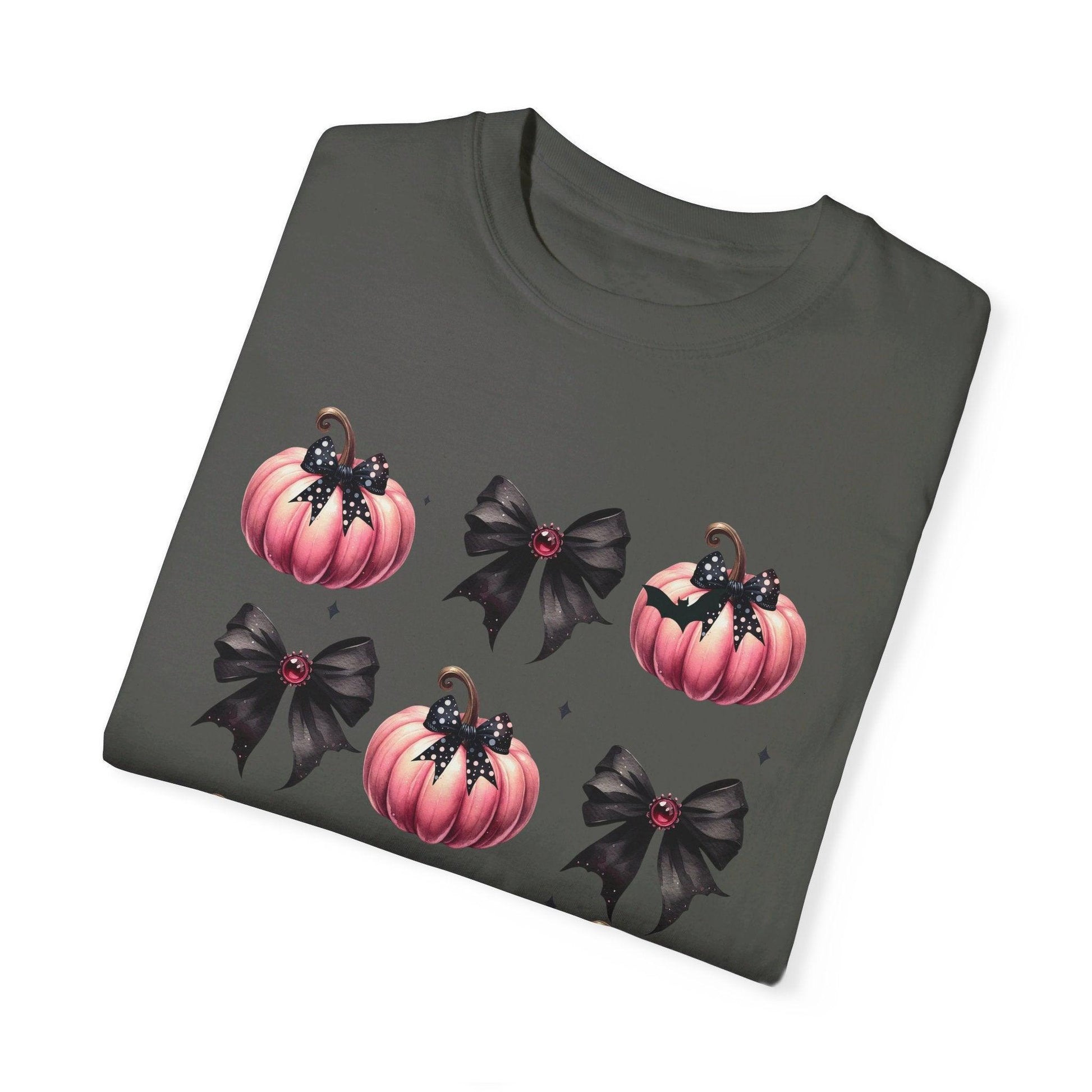 Coquette Halloween T-Shirt with Pink Pumpkins - Cosmic Creations by Karen