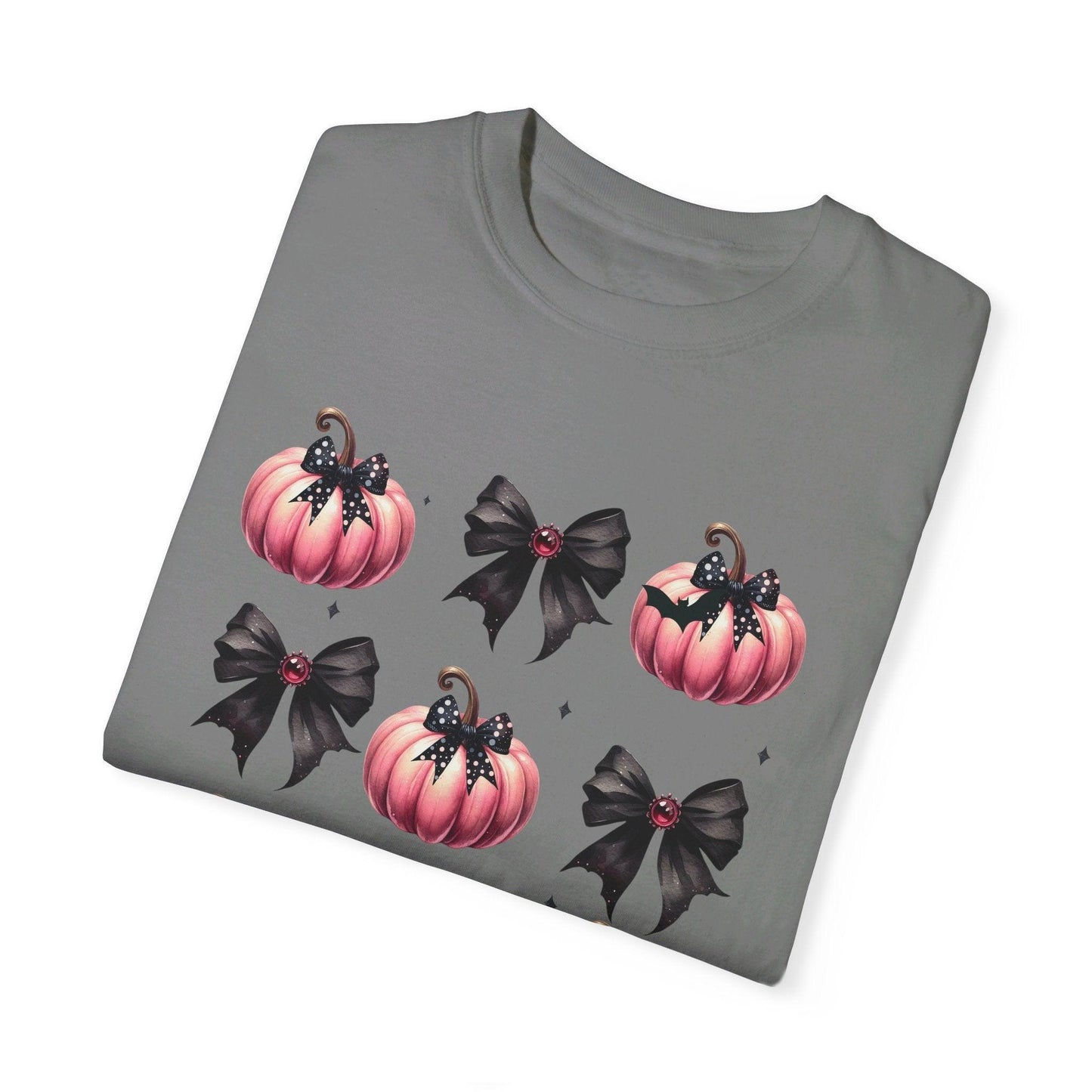 Coquette Halloween T-Shirt with Pink Pumpkins - Cosmic Creations by Karen