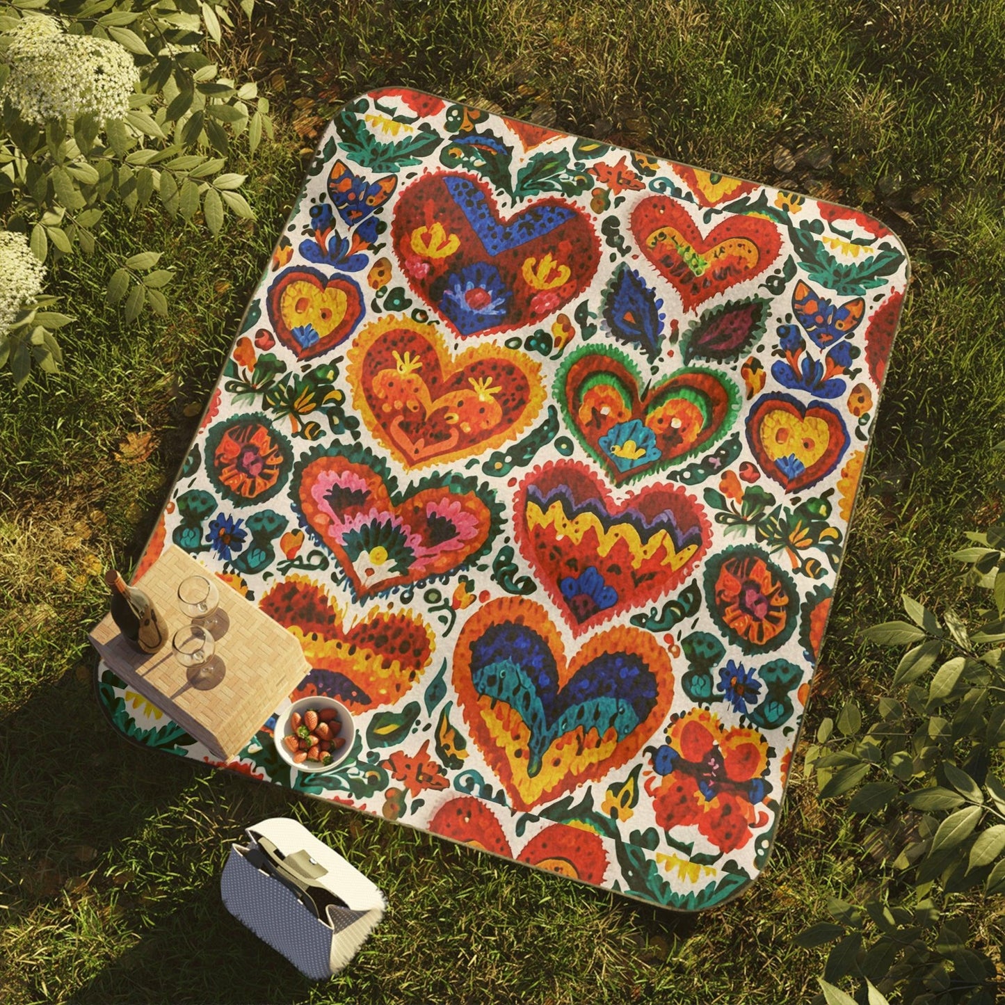 Picnic Blanket, Outdoor Blanket, Water Resistant Blanket, Stadium Blanket, Camping Blanket, Carry Strap Blanket, Hearts Design - Cosmic Creations by Karen