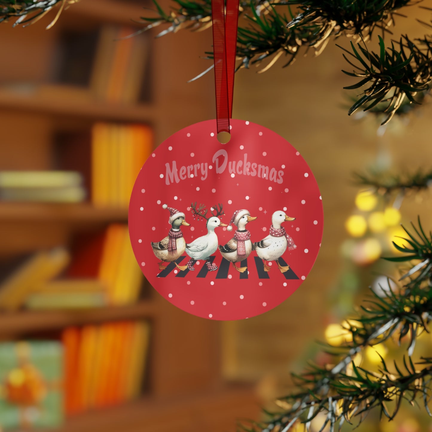 Christmas  Customizable Round Metal Ornament with Cute Ducks