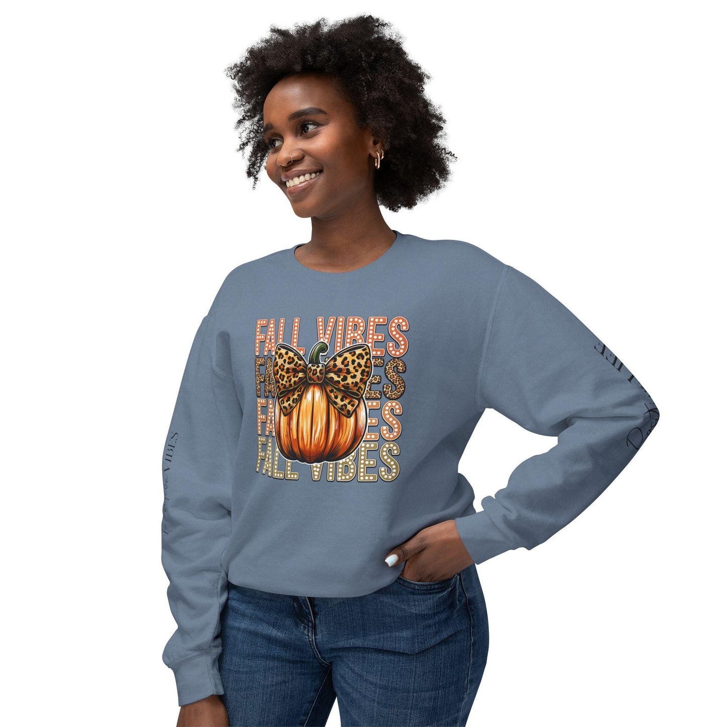 Fall Vibes Coquette Crewneck Sweatshirt  with an amazing design and the text " Positives Vibes " in both sleeves