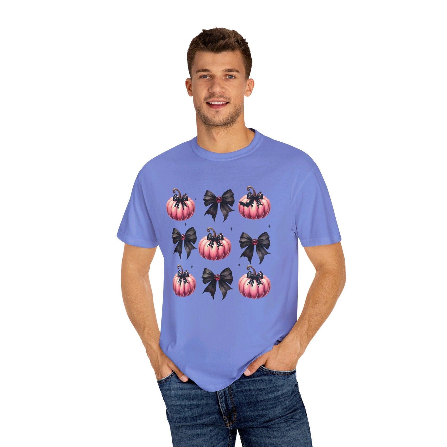 Coquette Halloween T-Shirt with Pink Pumpkins - Cosmic Creations by Karen