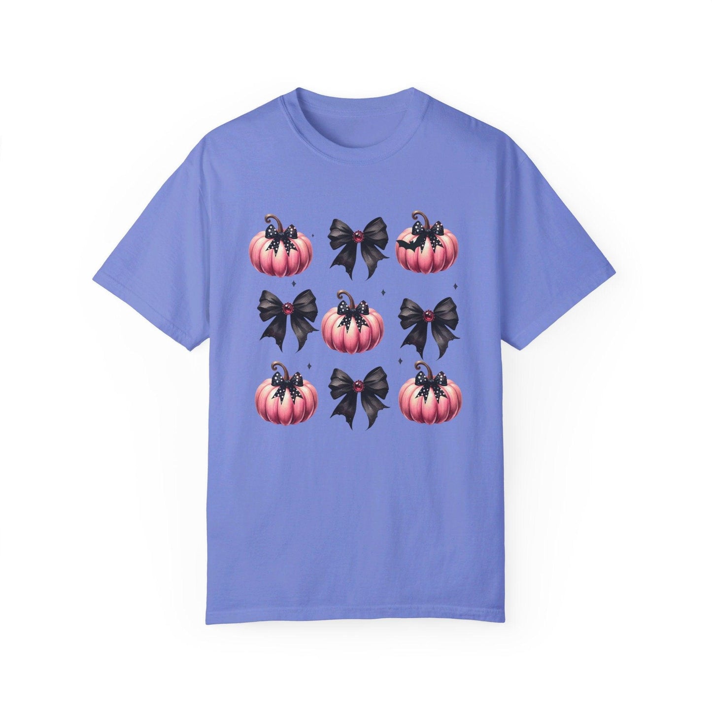 Coquette Halloween T-Shirt with Pink Pumpkins - Cosmic Creations by Karen