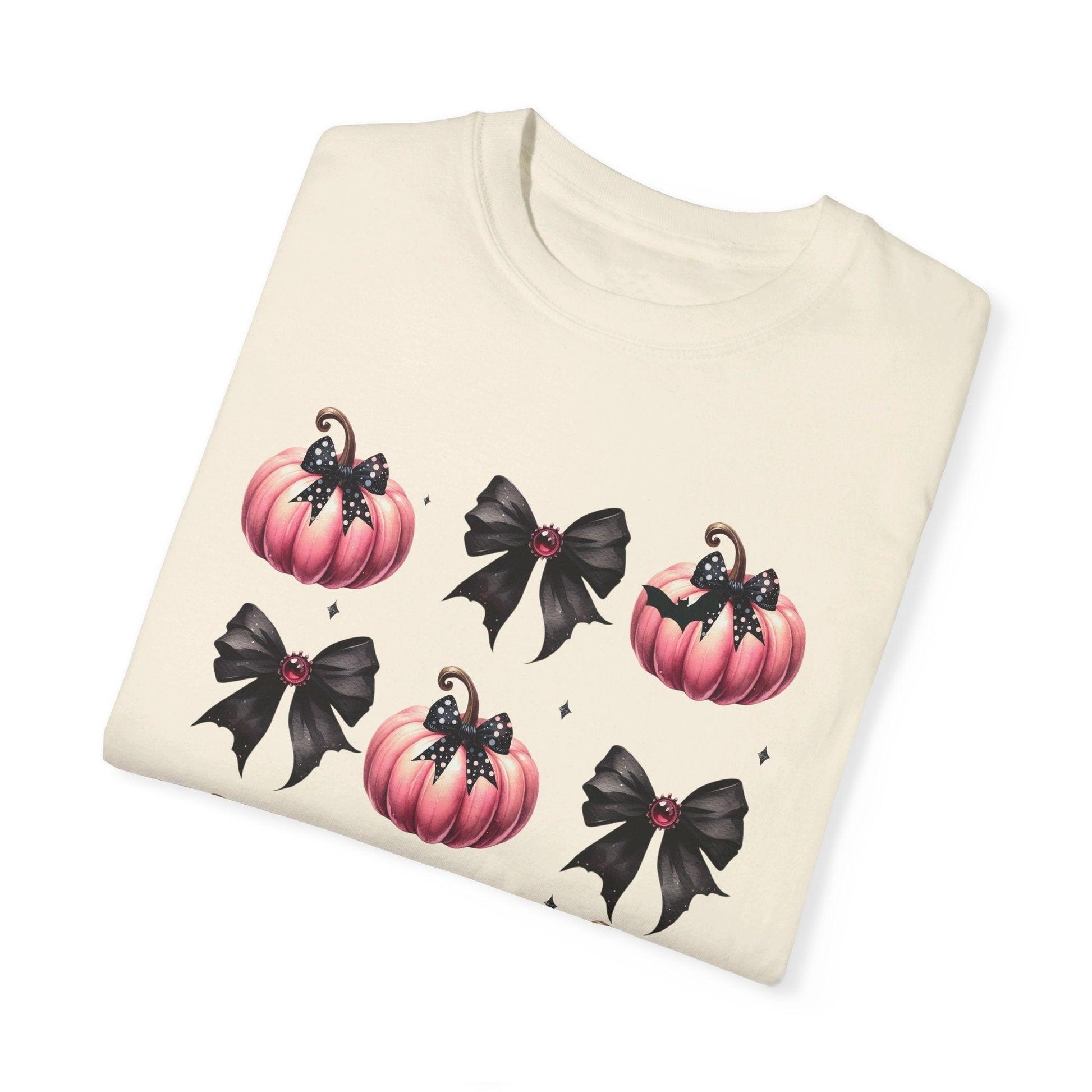 Coquette Halloween T-Shirt with Pink Pumpkins - Cosmic Creations by Karen