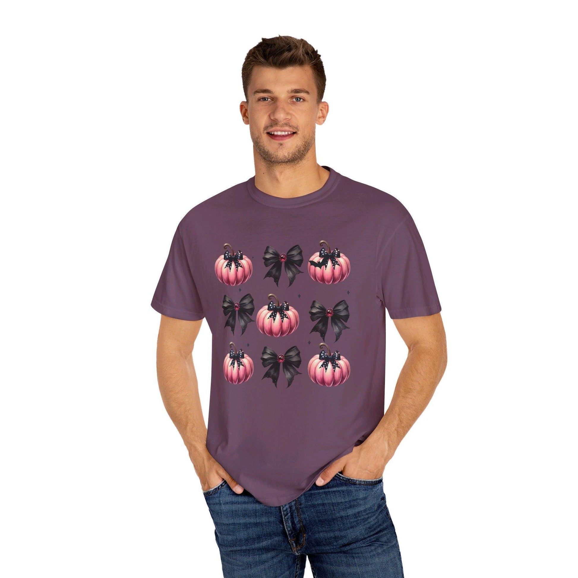 Coquette Halloween T-Shirt with Pink Pumpkins - Cosmic Creations by Karen