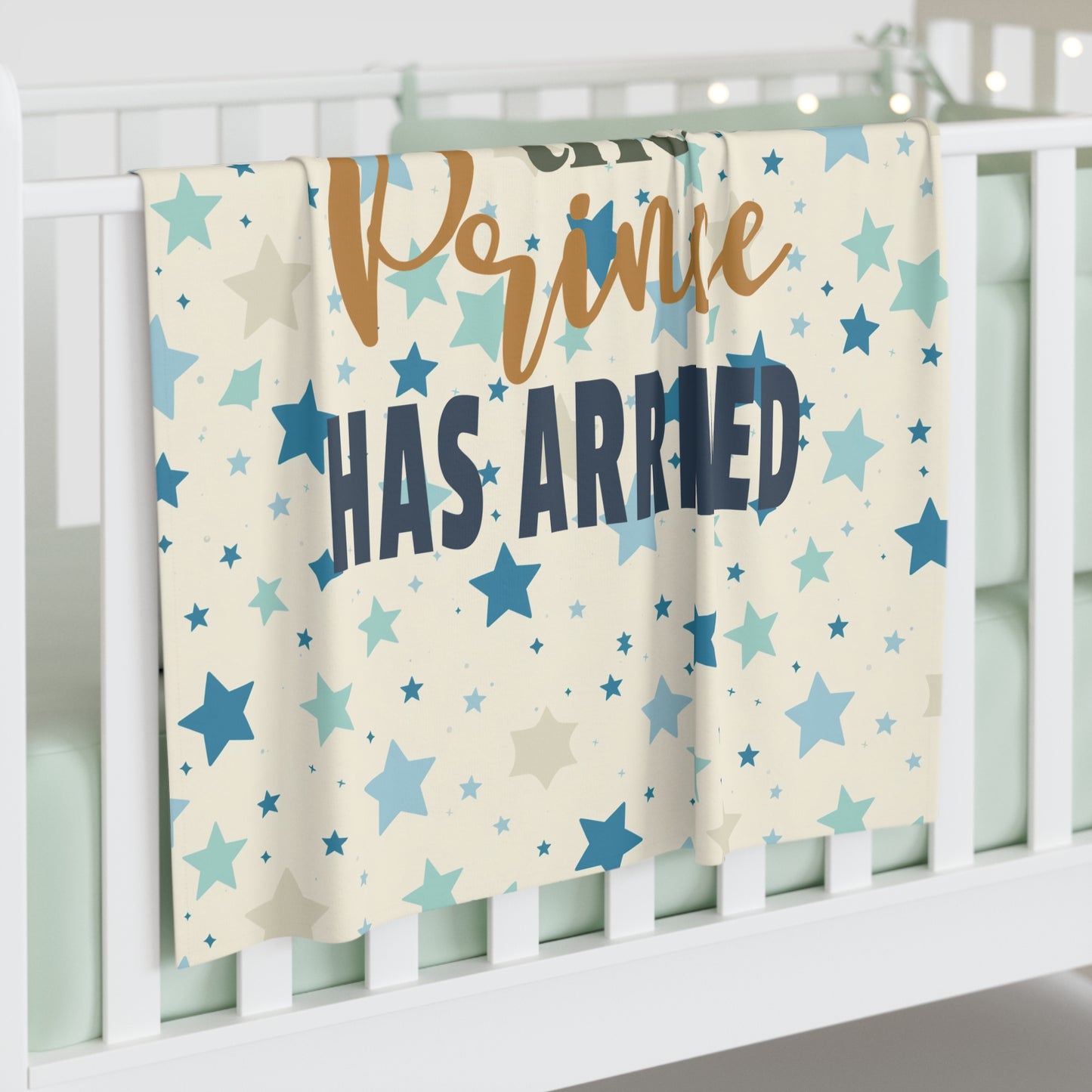 Cozy Baby Swaddle Customizable  Blanket with a baby boy design and the text " The prince has arrived"