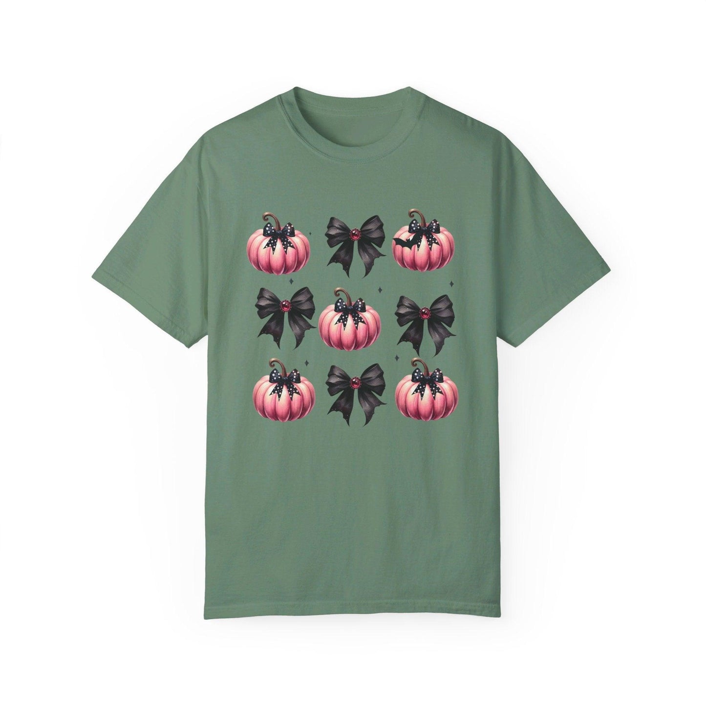 Coquette Halloween T-Shirt with Pink Pumpkins - Cosmic Creations by Karen