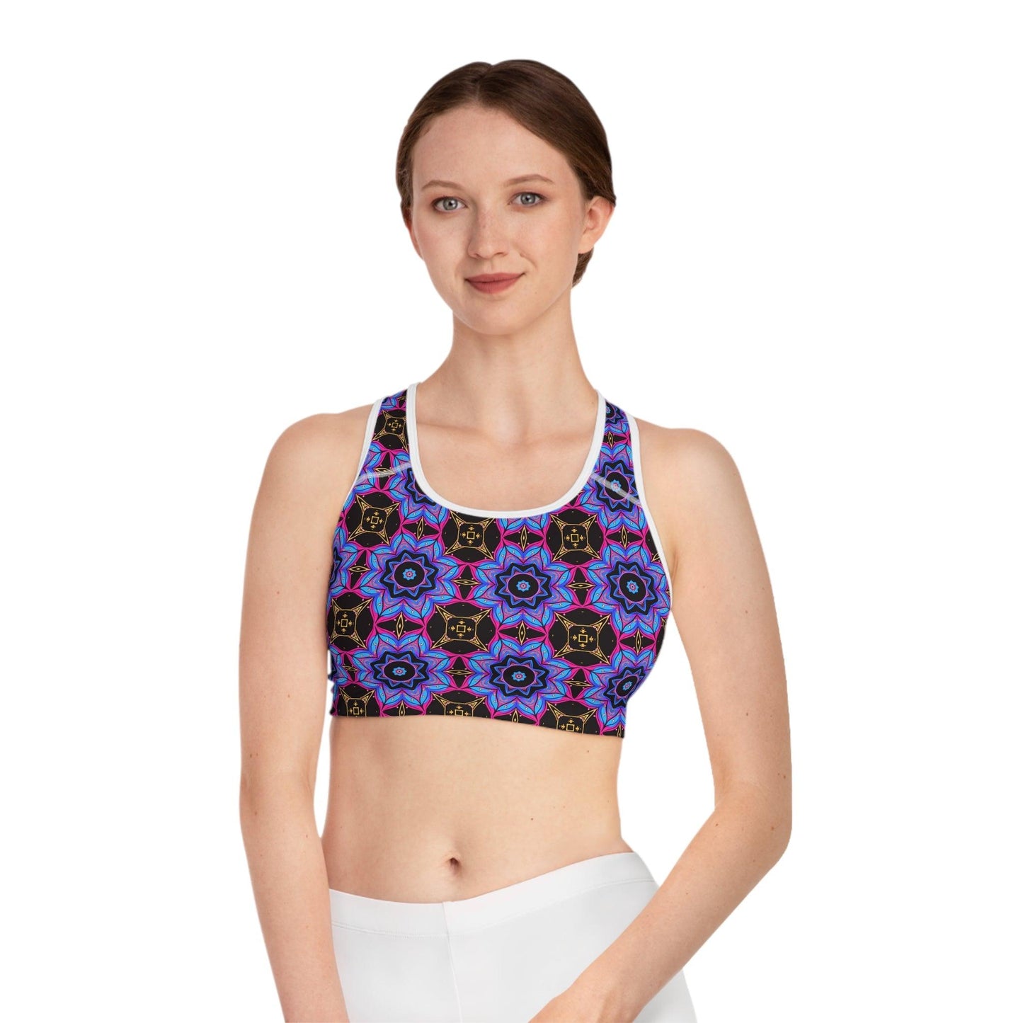 Sports Bra for yoga and other sports with colorful designs - Cosmic Creations by Karen