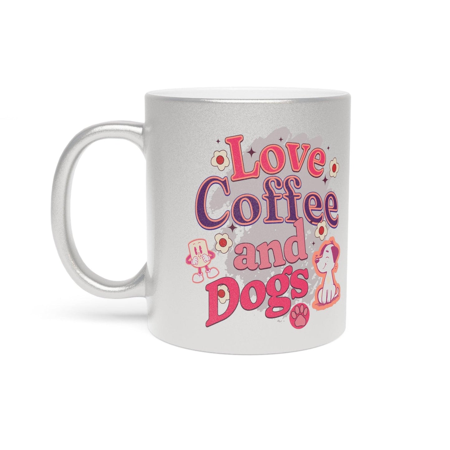 Metallic Love, coffee and dogs Mug (Silver) | Ideal for hot beverages and great gift for dog lovers - Cosmic Creations by Karen