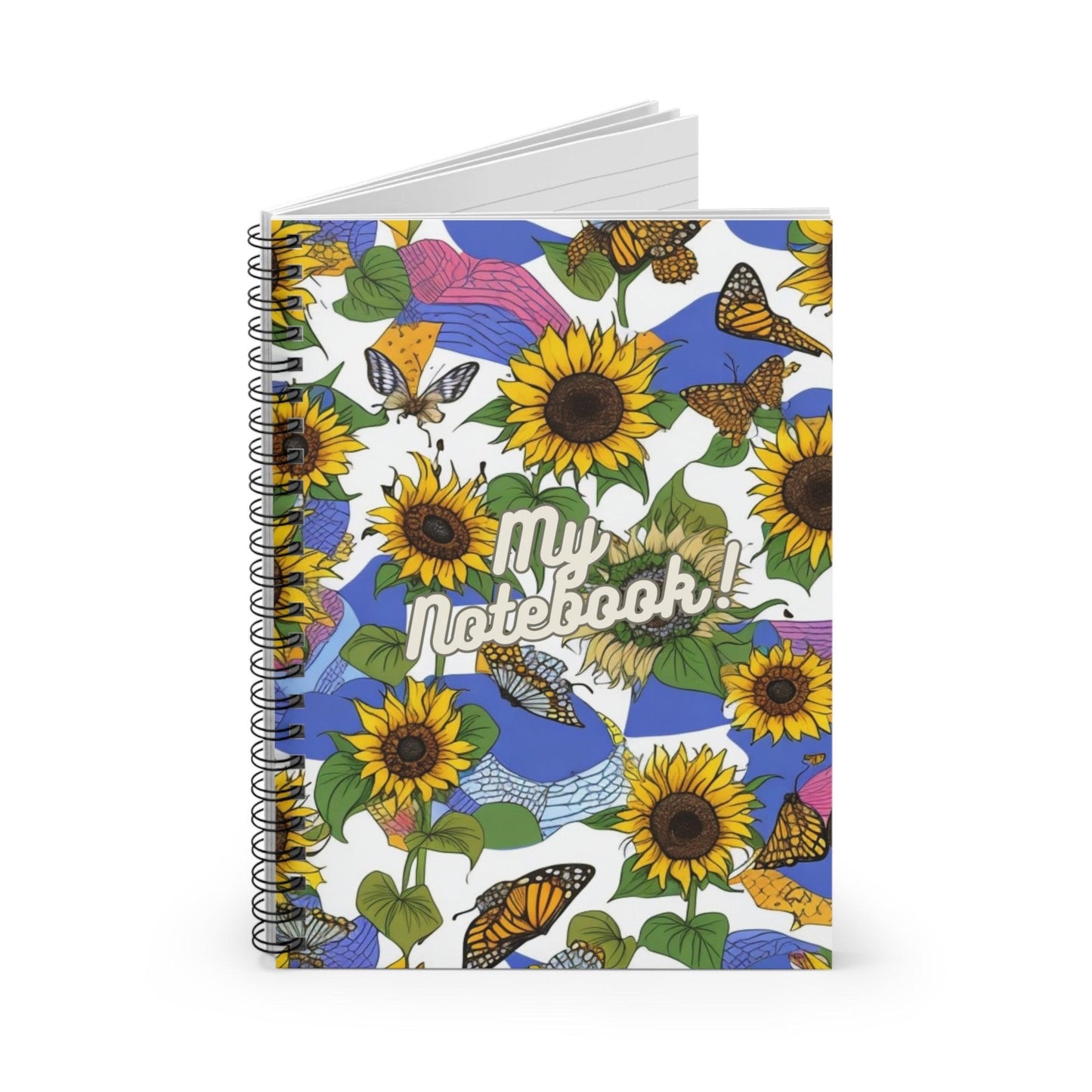 Blossoming Thoughts - Floral Spiral Notebook" with stunning sunflowers and butterfly motifs Notebook for gift, Ideal for writing, planning, school, a creative gift for students, friends, family, artist, women