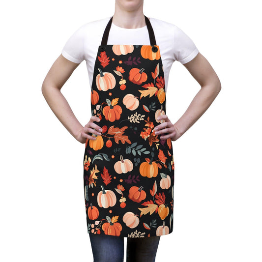 Black Autumn Apron with Pumpkins and Leaves - Cosmic Creations by Karen