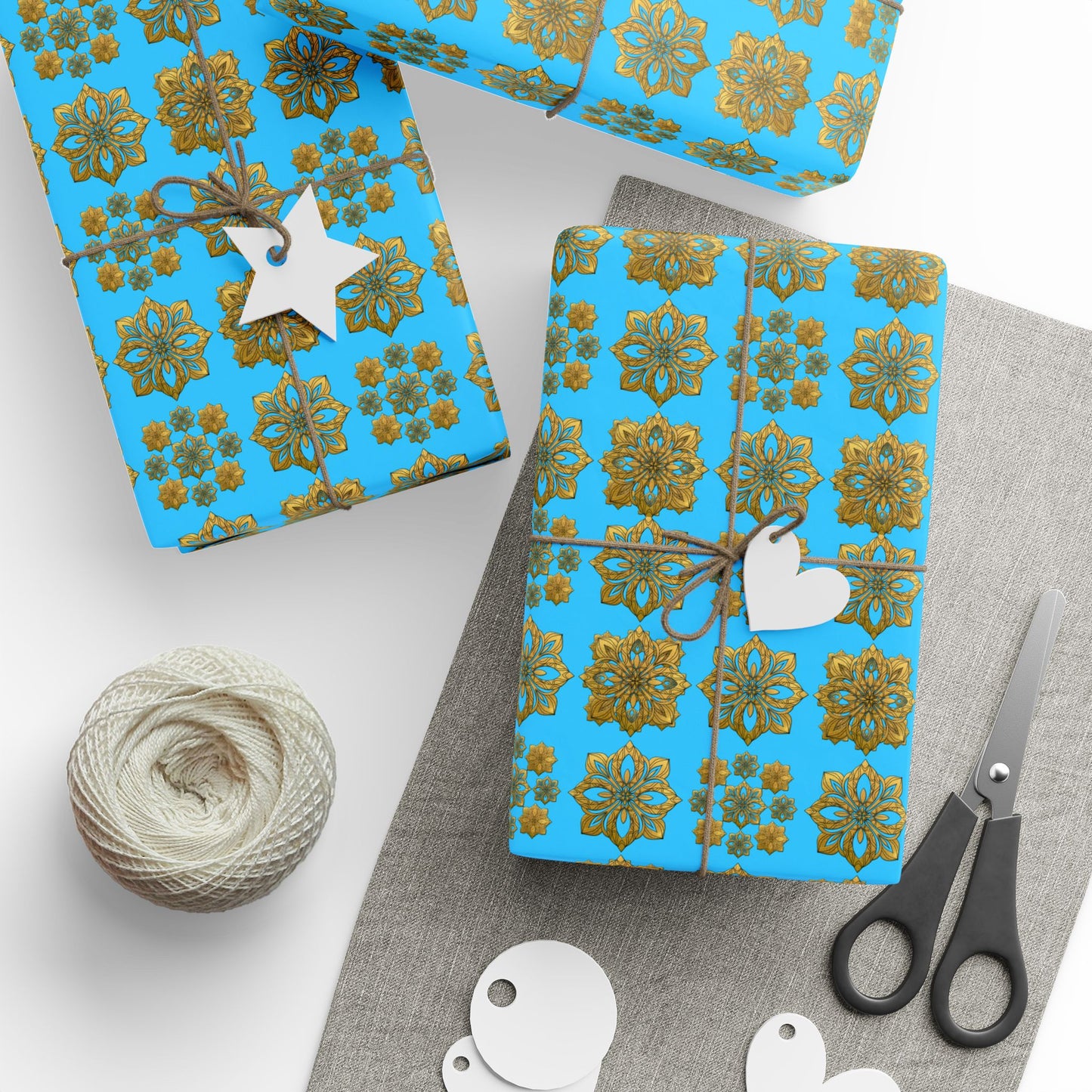 Festive Christmas Holiday Wrapping Paper with golden flowers