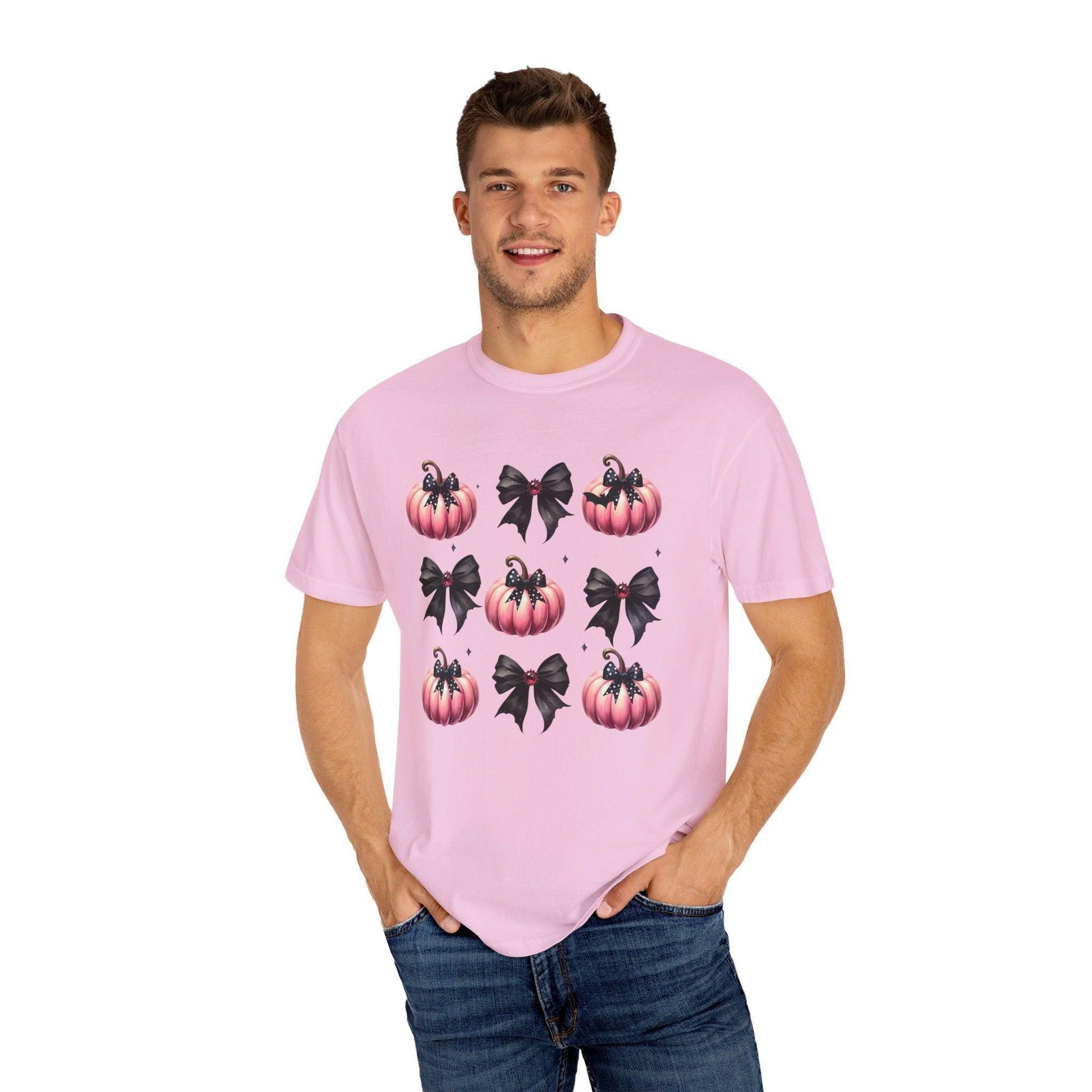 Coquette Halloween T-Shirt with Pink Pumpkins - Cosmic Creations by Karen